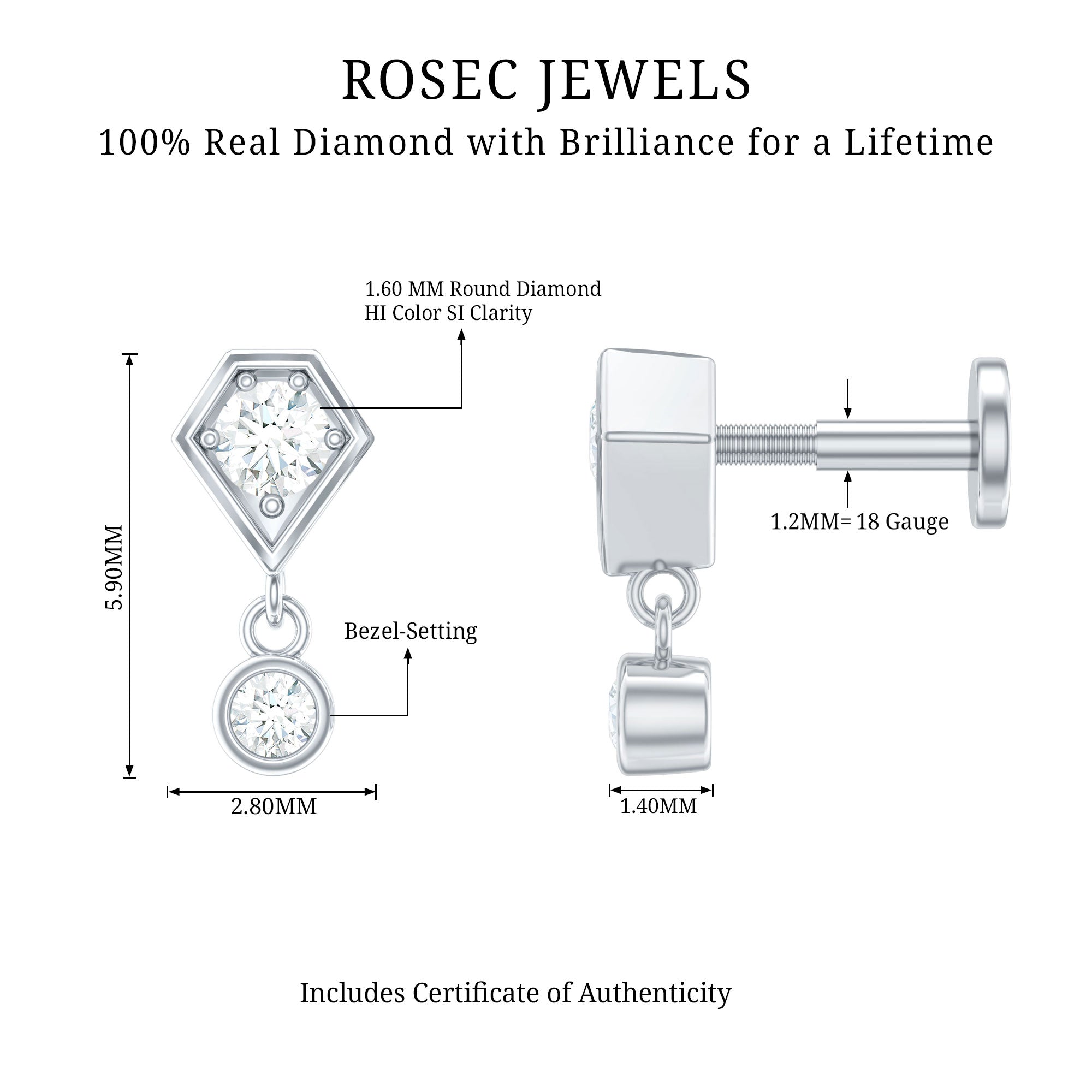 Round Cut Natural Diamond Drop Helix Earring Natural - ( HI-SI ) - Rosec Jewels