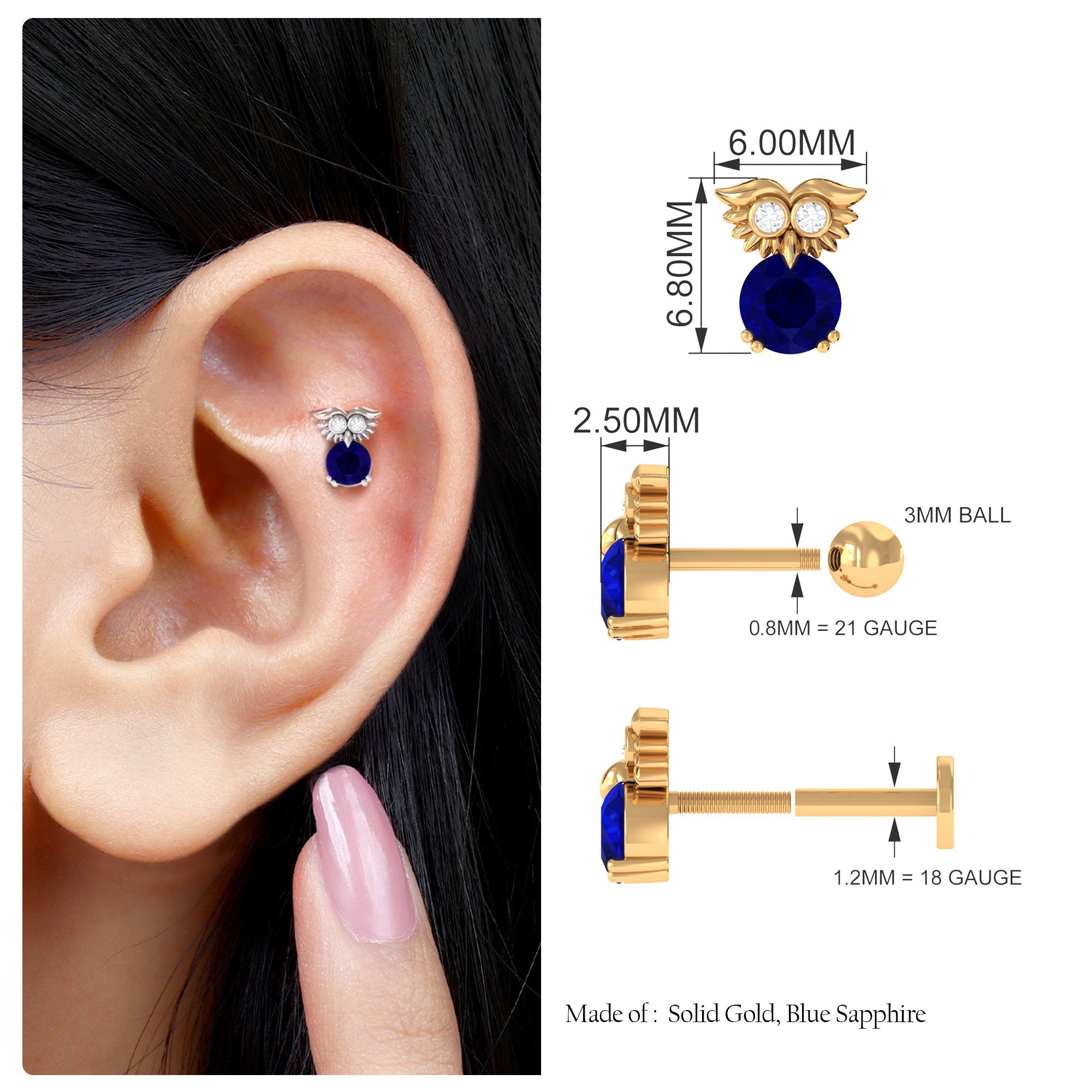 Blue Sapphire and Lab Grown Diamond Owl Helix Earring AAA - Rosec Jewels