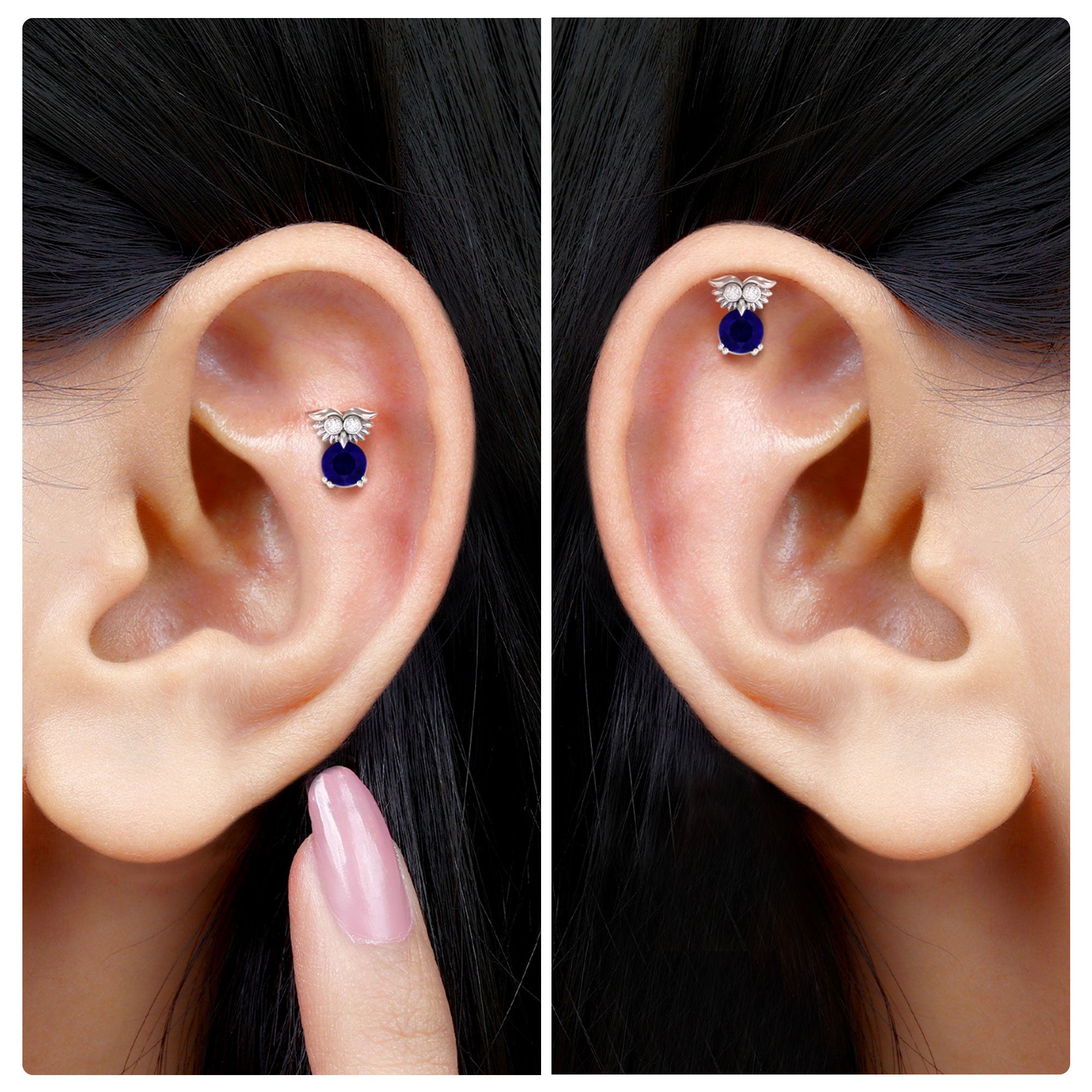 Blue Sapphire and Lab Grown Diamond Owl Helix Earring AAA - Rosec Jewels