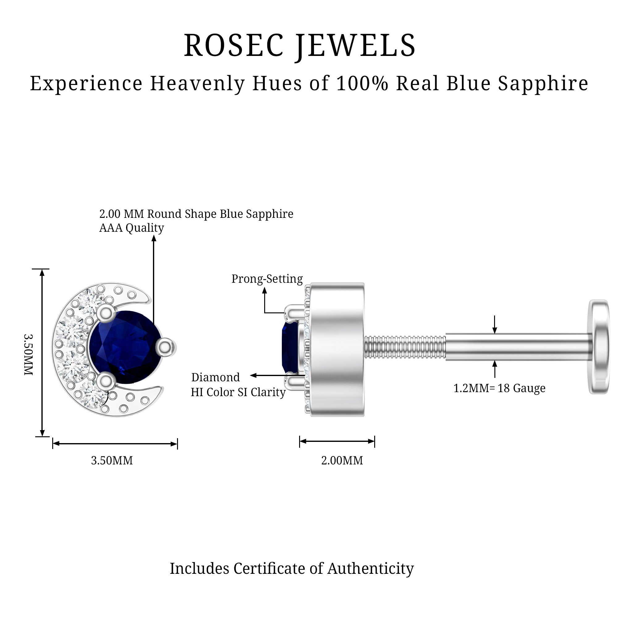 Dainty Blue Sapphire and Diamond Moon Helix Earring AAA - Rosec Jewels