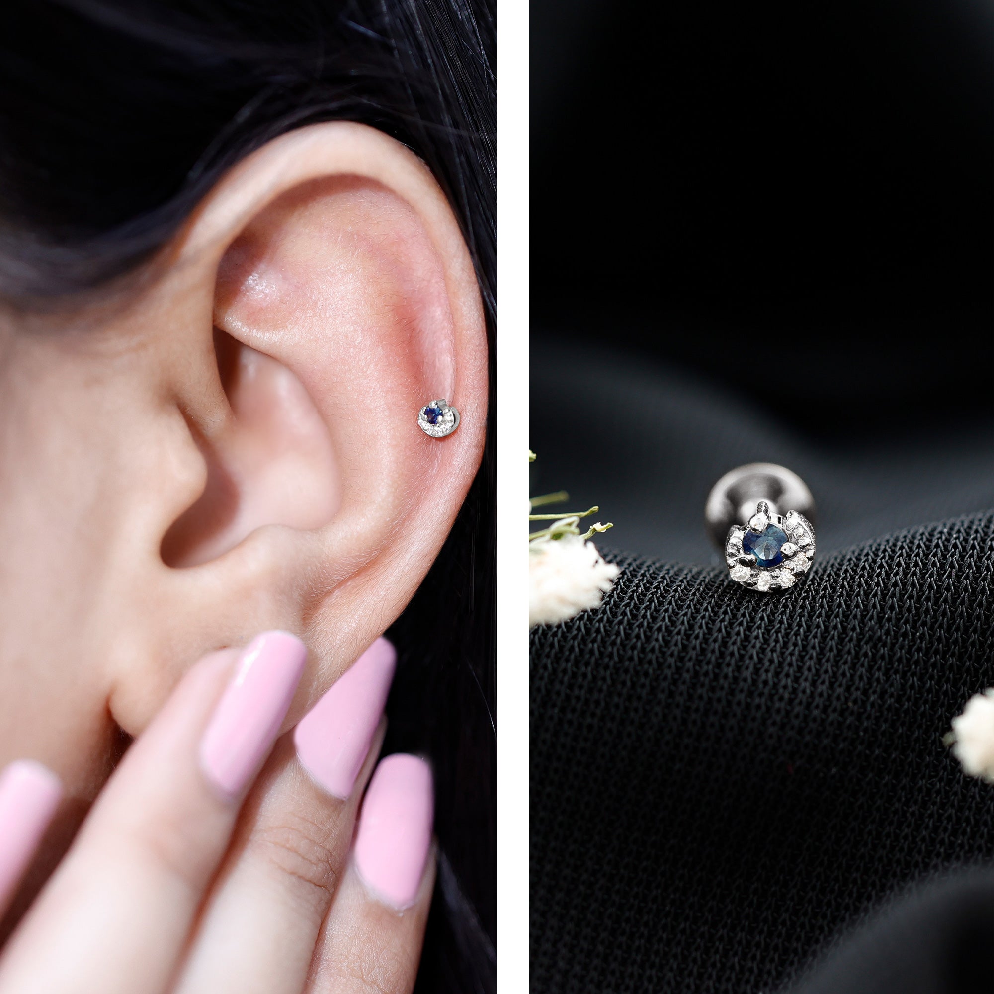 Dainty Blue Sapphire and Diamond Moon Helix Earring AAA - Rosec Jewels