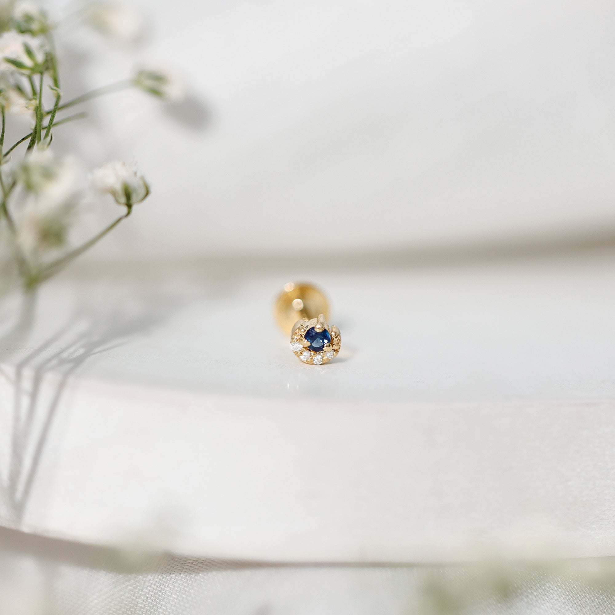 Dainty Blue Sapphire and Diamond Moon Helix Earring AAA - Rosec Jewels