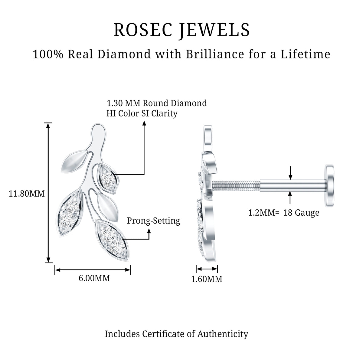 Diamond Vine Leaf Earring for Helix Piercing Natural - ( HI-SI ) - Rosec Jewels