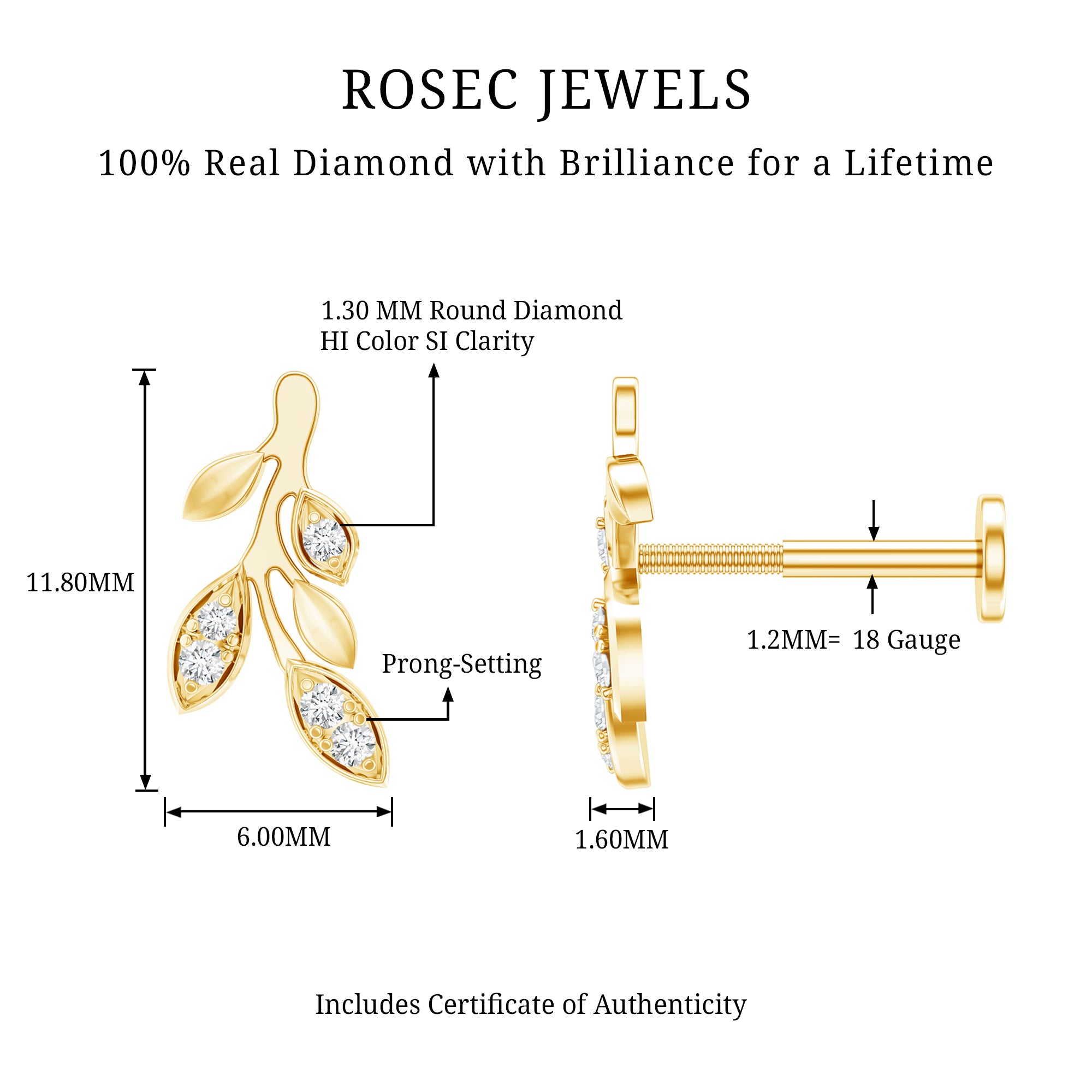 Diamond Vine Leaf Earring for Helix Piercing Natural - ( HI-SI ) - Rosec Jewels