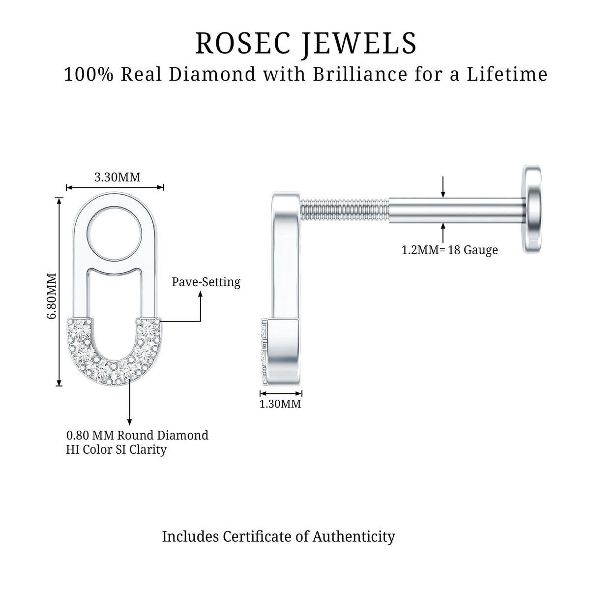 Diamond Pin Earring for Helix Piercing Natural - ( HI-SI ) - Rosec Jewels