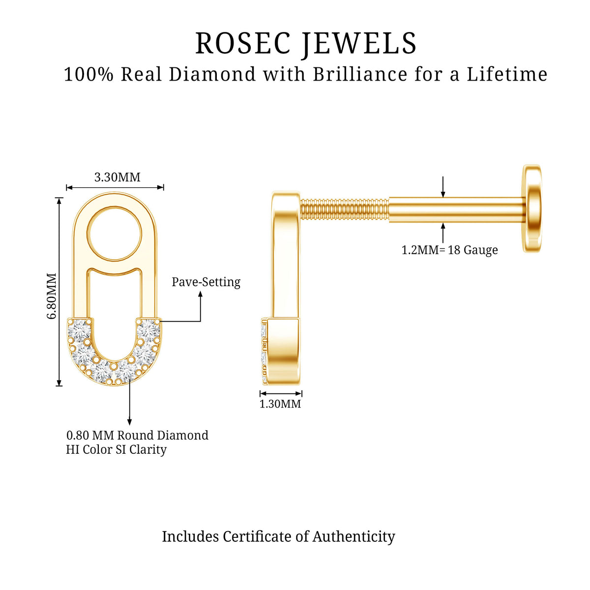 Diamond Pin Earring for Helix Piercing Natural - ( HI-SI ) - Rosec Jewels