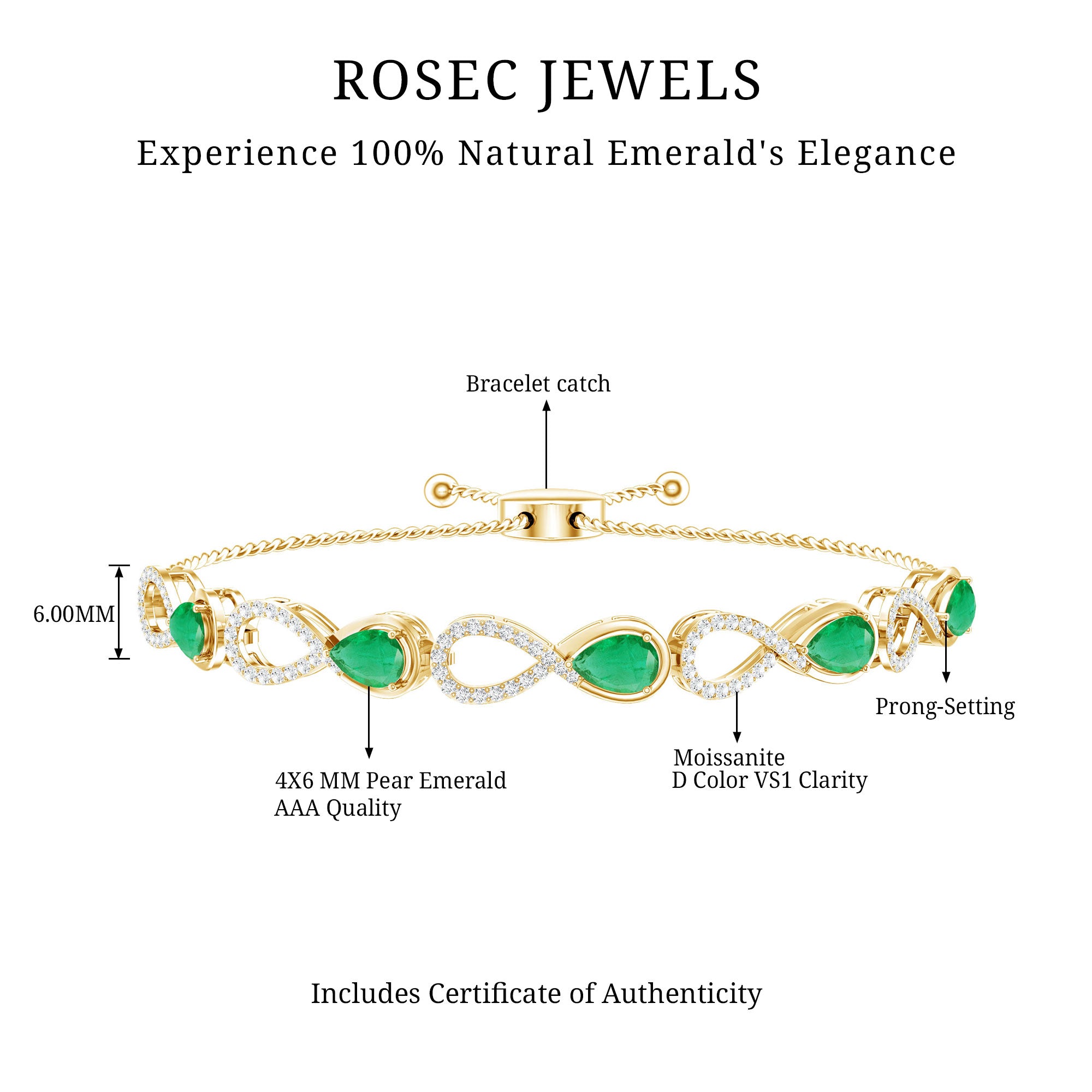 Real Emerald Infinity Bracelet With Moissanite AAA - Rosec Jewels