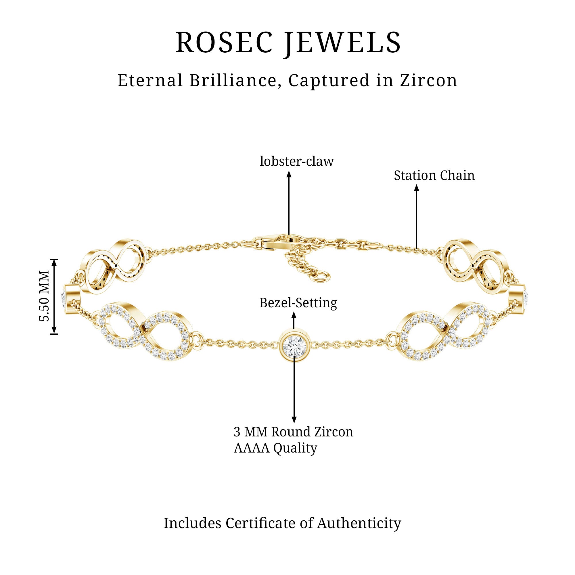 Cubic Zirconia Infinity Station Chain Bracelet AAAA - Rosec Jewels