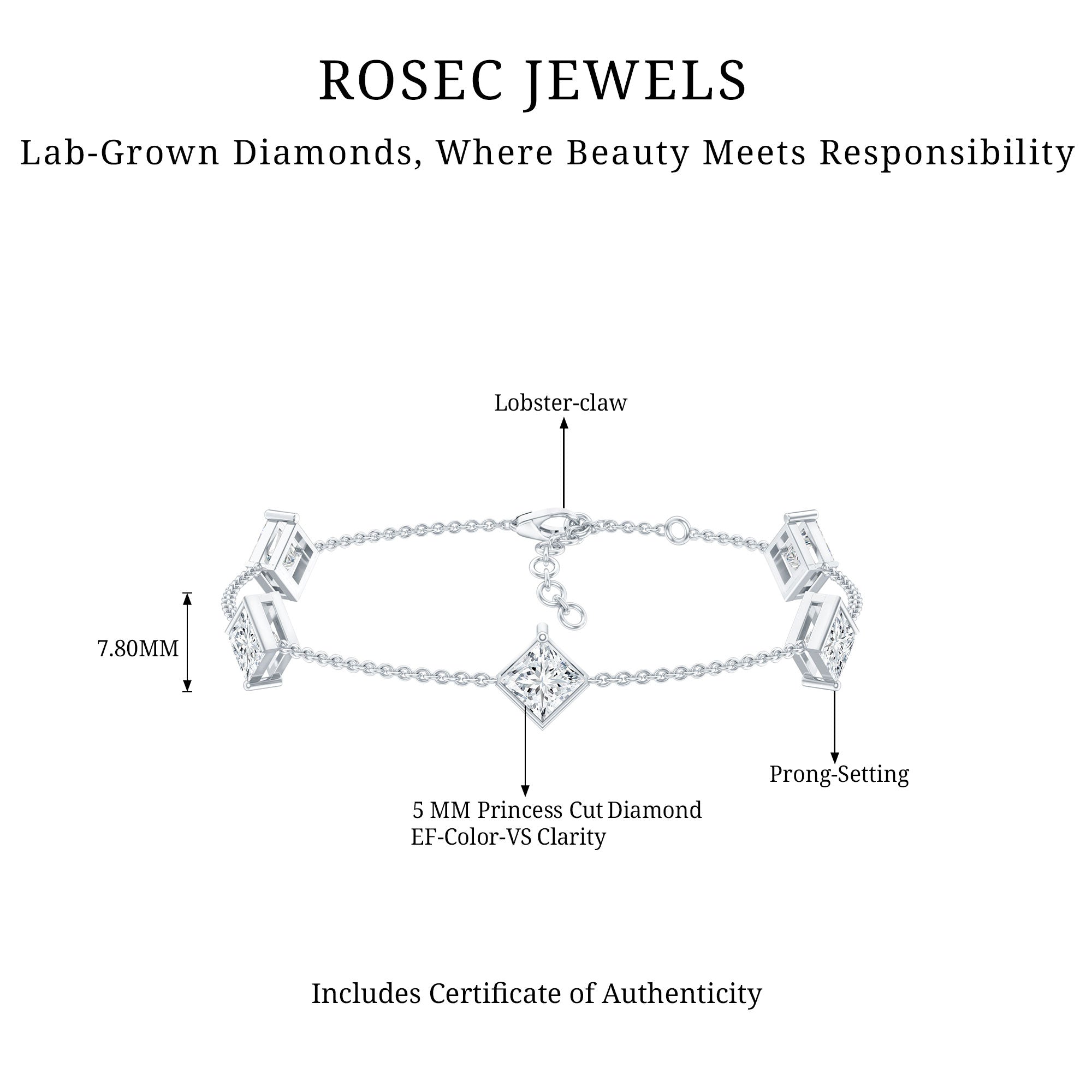 Certified Princess Cut Lab Grown Diamond Wedding Chain Bracelet Lab - ( EF-VS ) - Rosec Jewels