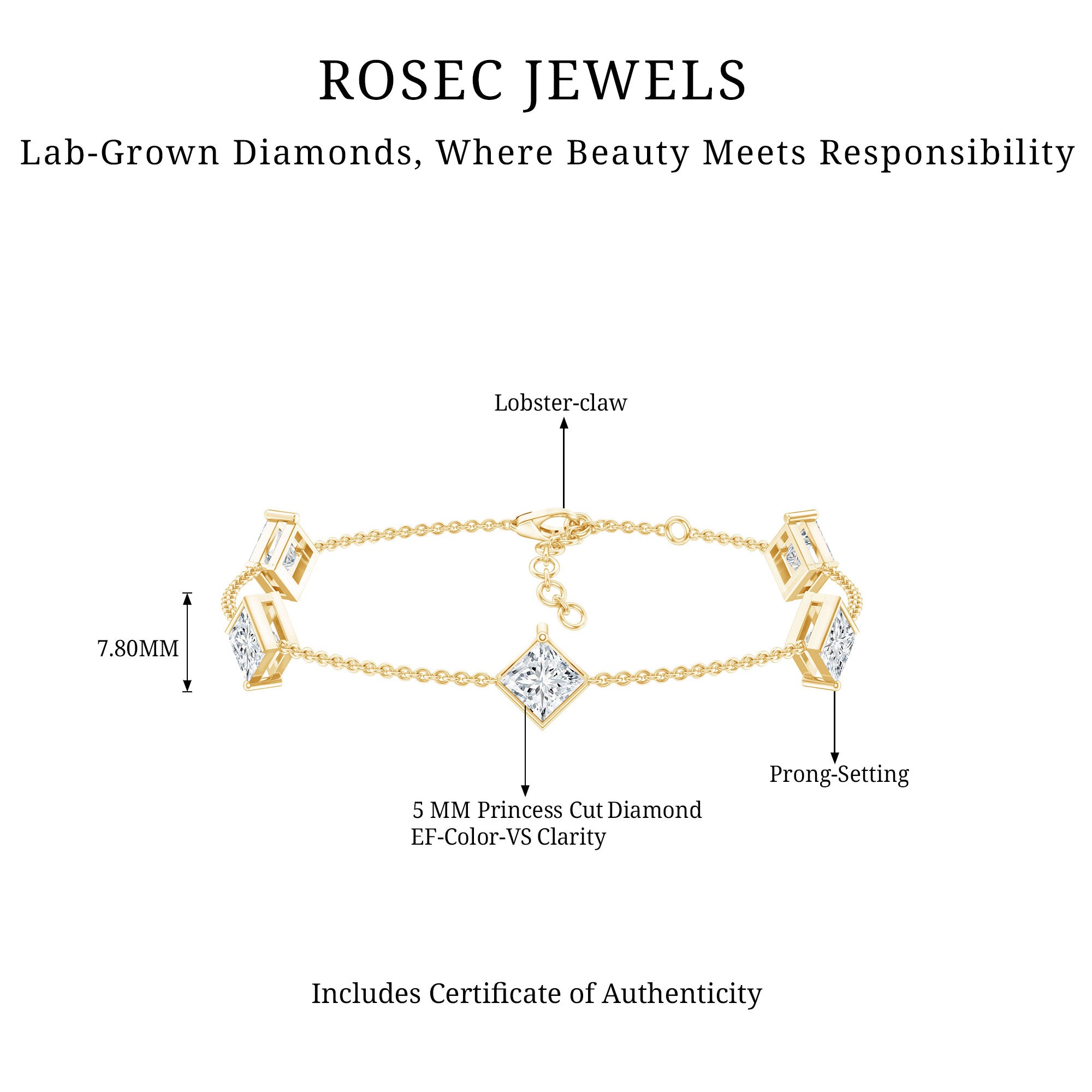 Certified Princess Cut Lab Grown Diamond Wedding Chain Bracelet Lab - ( EF-VS ) - Rosec Jewels
