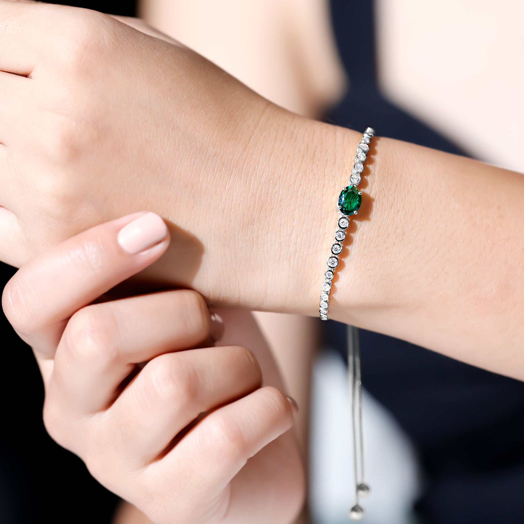 Certified 1.2 Carat Oval Lab Grown Emerald Bolo Bracelet with Diamond AAAA - Rosec Jewels