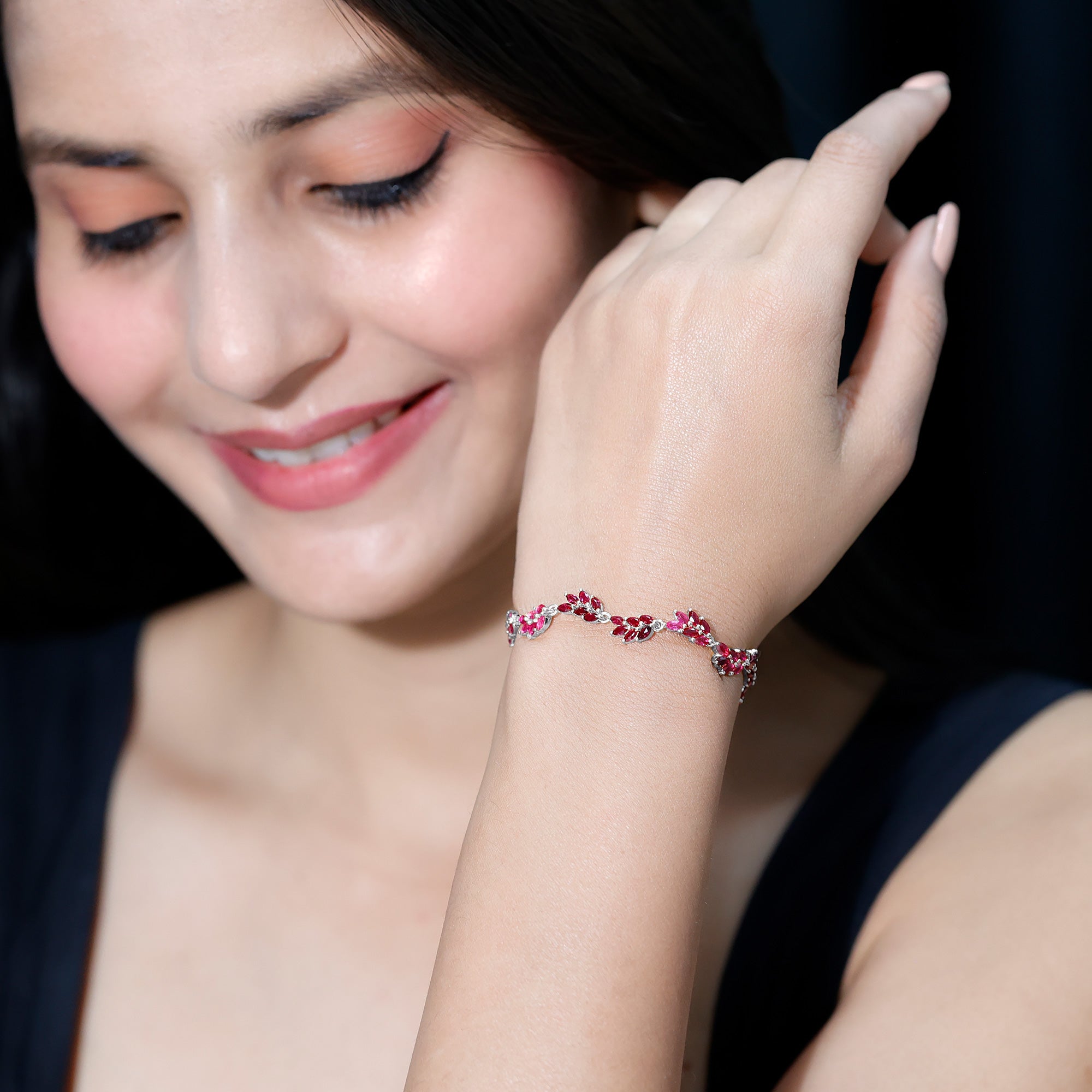 Marquise Lab Grown Ruby Leaf Bolo Bracelet AAAA - Rosec Jewels