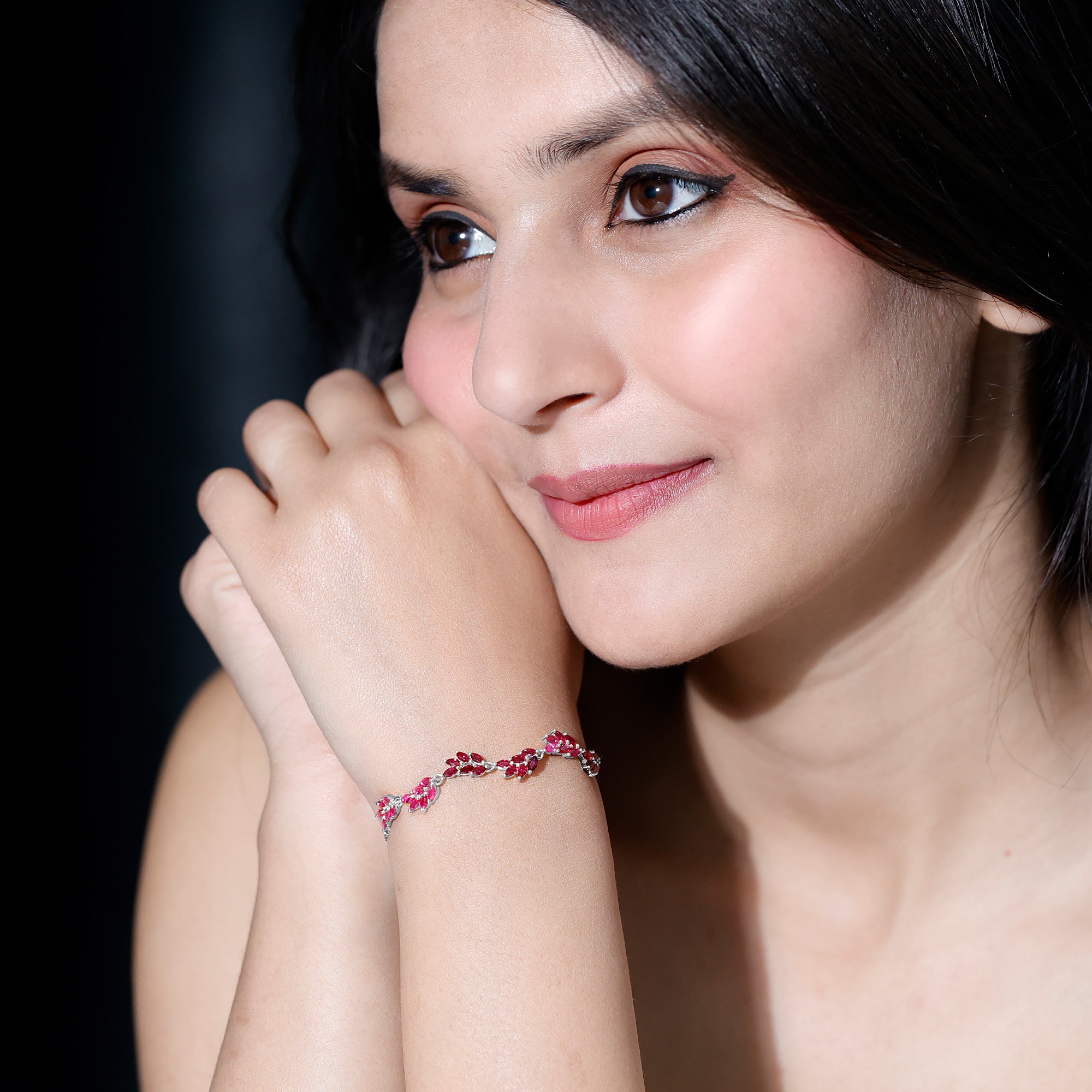 Marquise Lab Grown Ruby Leaf Bolo Bracelet AAAA - Rosec Jewels