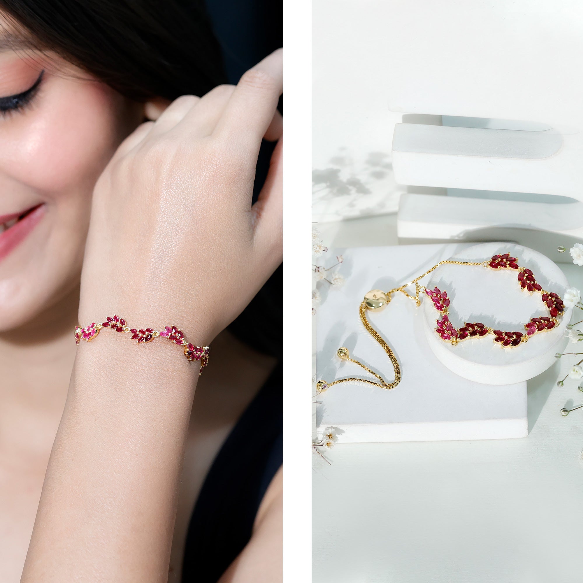 Marquise Lab Grown Ruby Leaf Bolo Bracelet AAAA - Rosec Jewels
