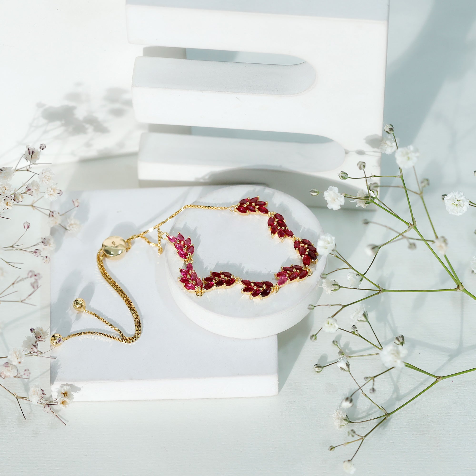 Marquise Lab Grown Ruby Leaf Bolo Bracelet AAAA - Rosec Jewels
