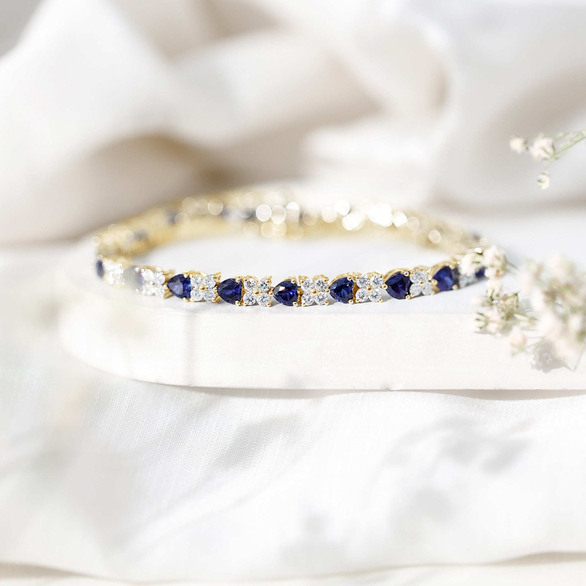 Heart Shape Lab Grown Blue Sapphire and Diamond Tennis Bracelet AAAA - Rosec Jewels