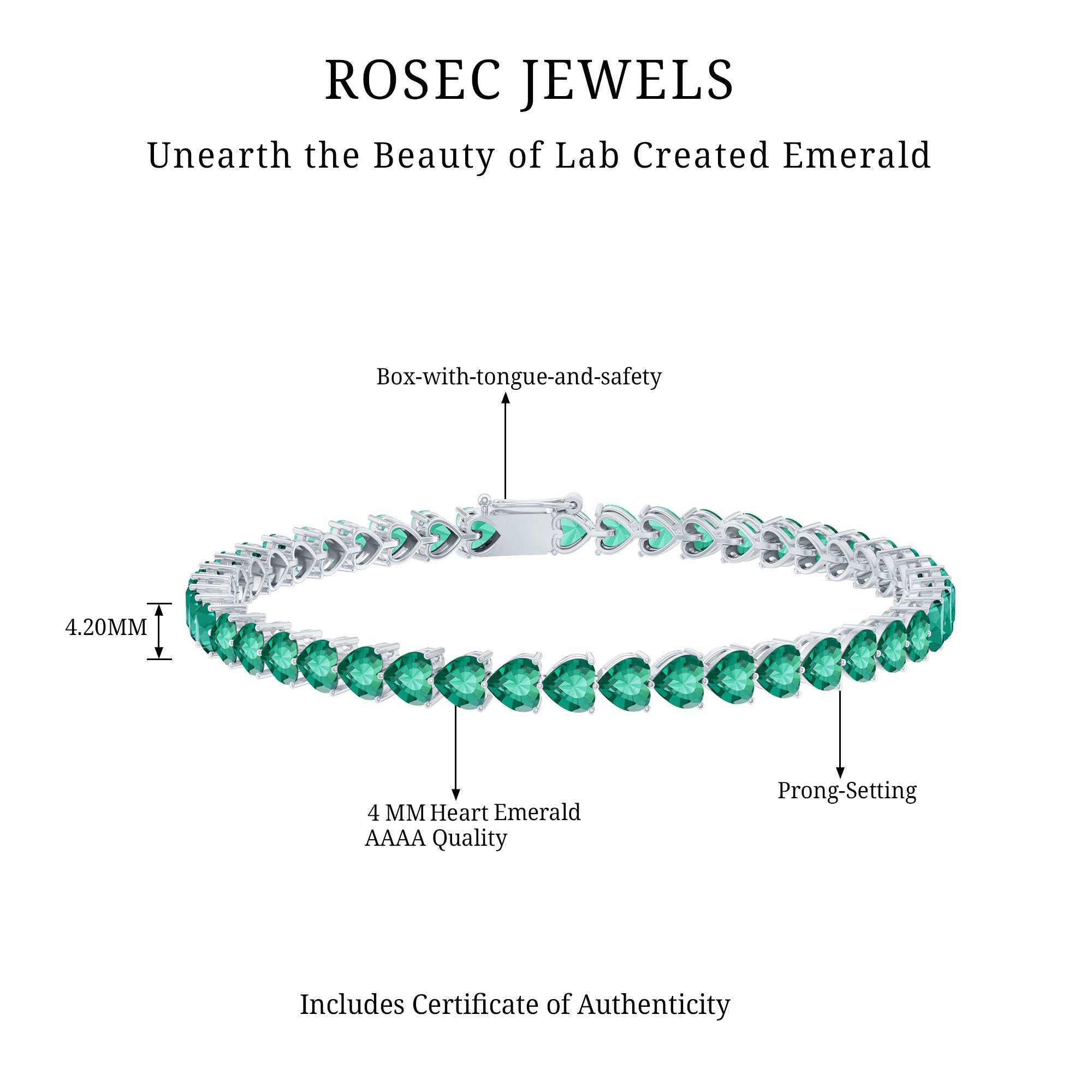 Lab Grown Emerald Heart Tennis Bracelet AAAA - Rosec Jewels