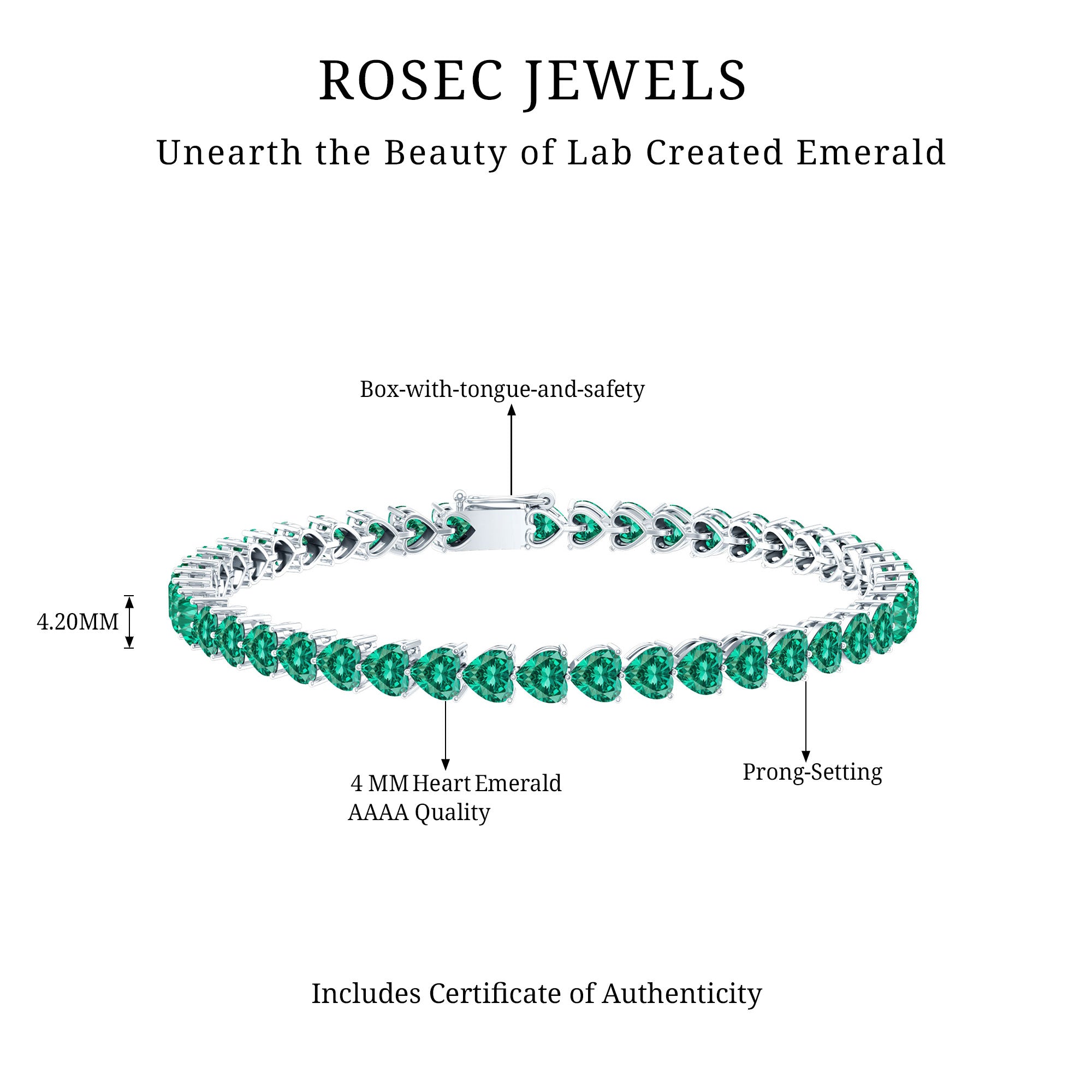 Lab Grown Emerald Heart Tennis Bracelet AAAA - Rosec Jewels
