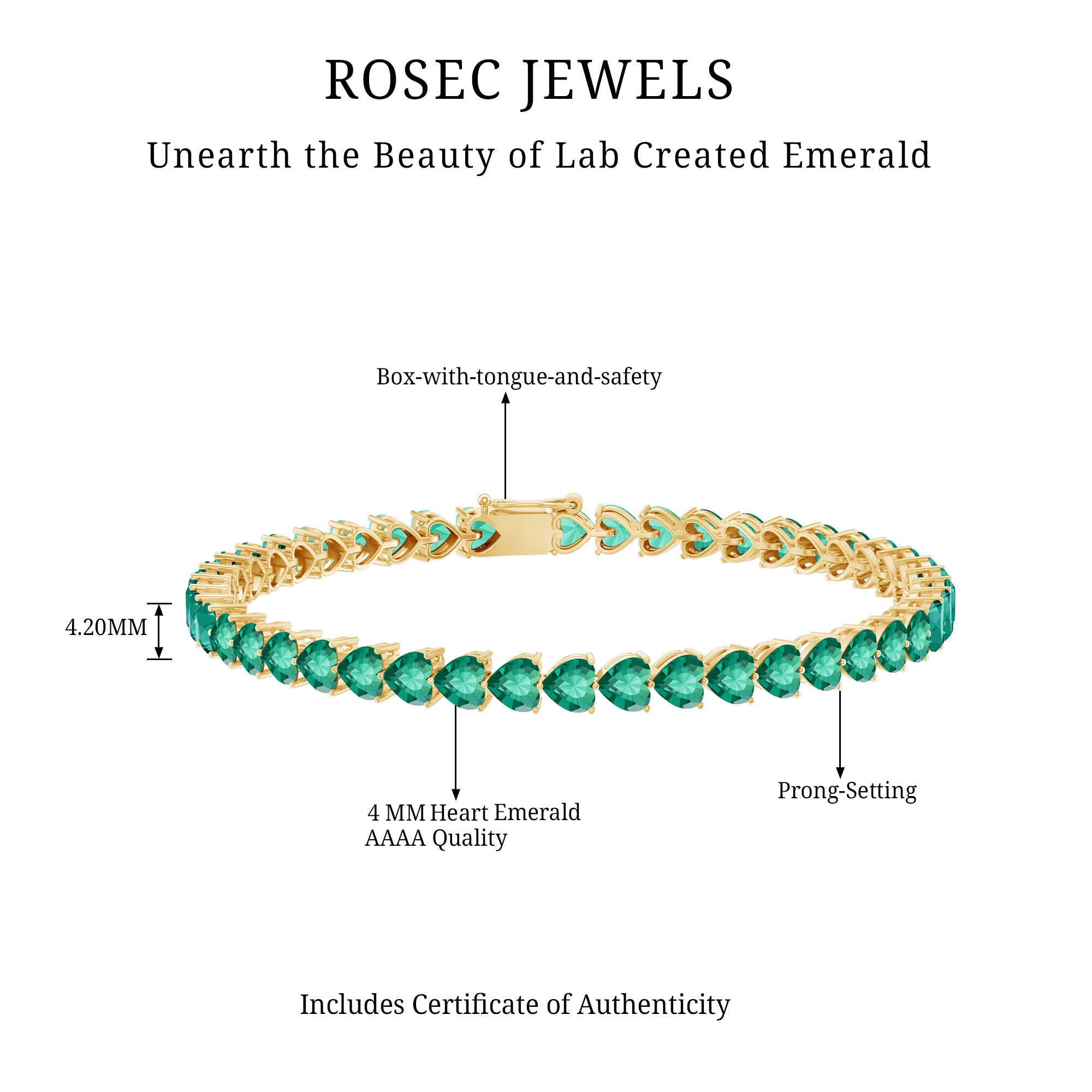 Lab Grown Emerald Heart Tennis Bracelet AAAA - Rosec Jewels