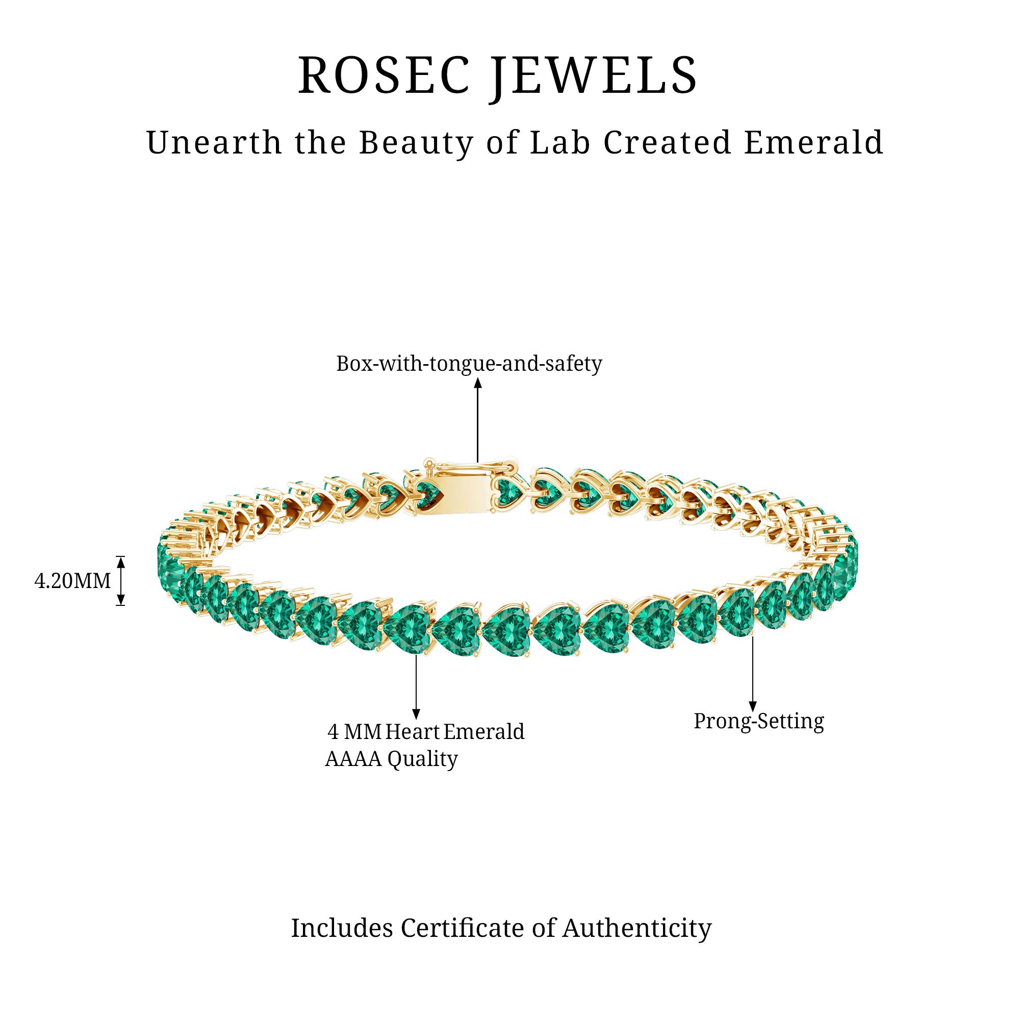 Lab Grown Emerald Heart Tennis Bracelet AAAA - Rosec Jewels