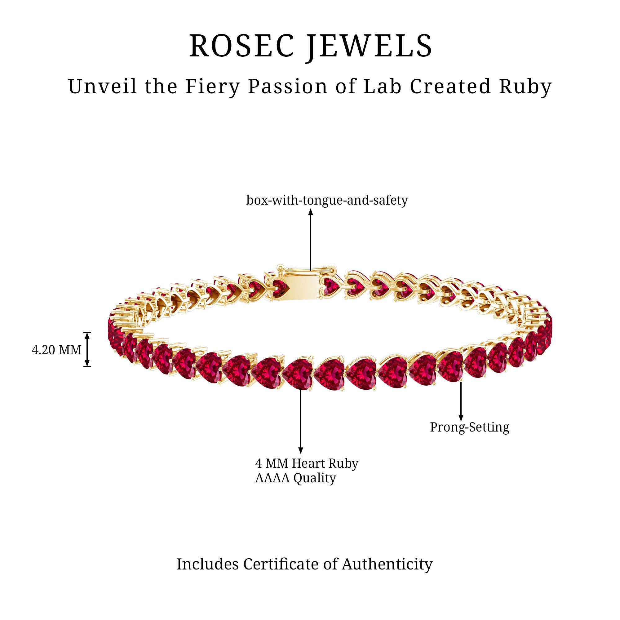 Heart Shape Lab Grown Ruby Tennis Bracelet AAAA - Rosec Jewels