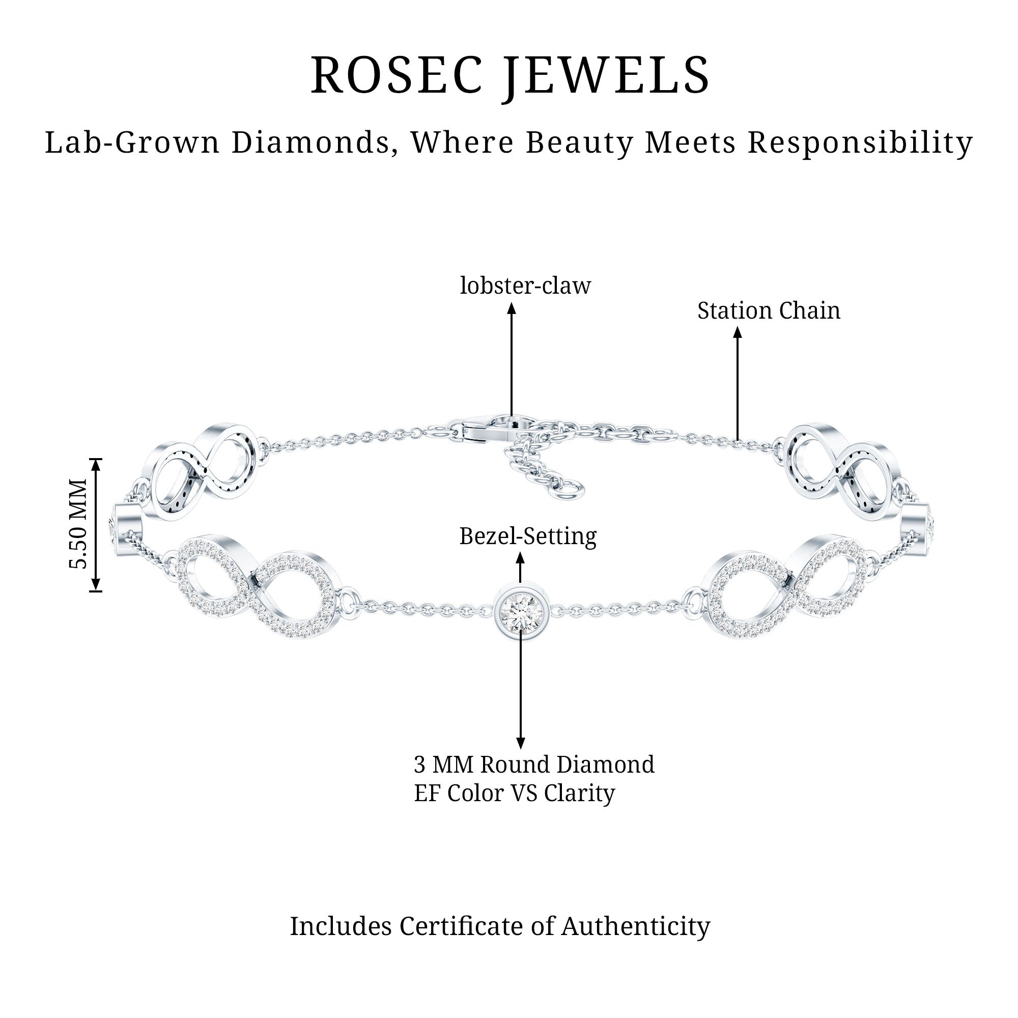 Lab Grown Diamond Infinity Bracelet for Women Lab - ( EF-VS ) - Rosec Jewels