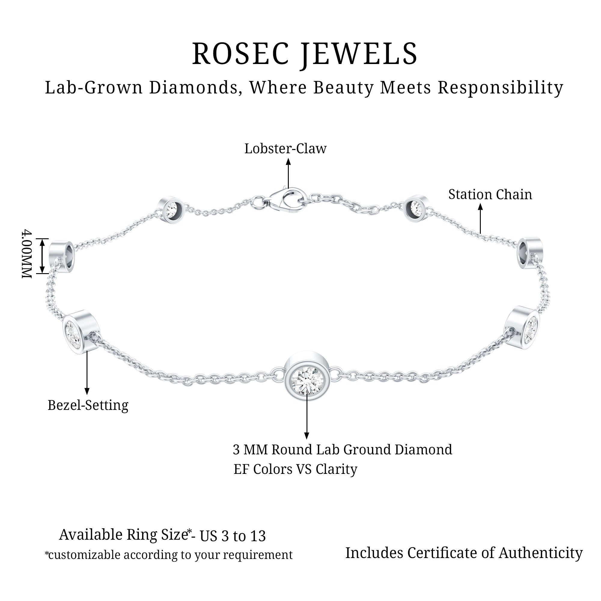Lab Grown Diamond Chain Bracelet for Women Lab - ( EF-VS ) - Rosec Jewels