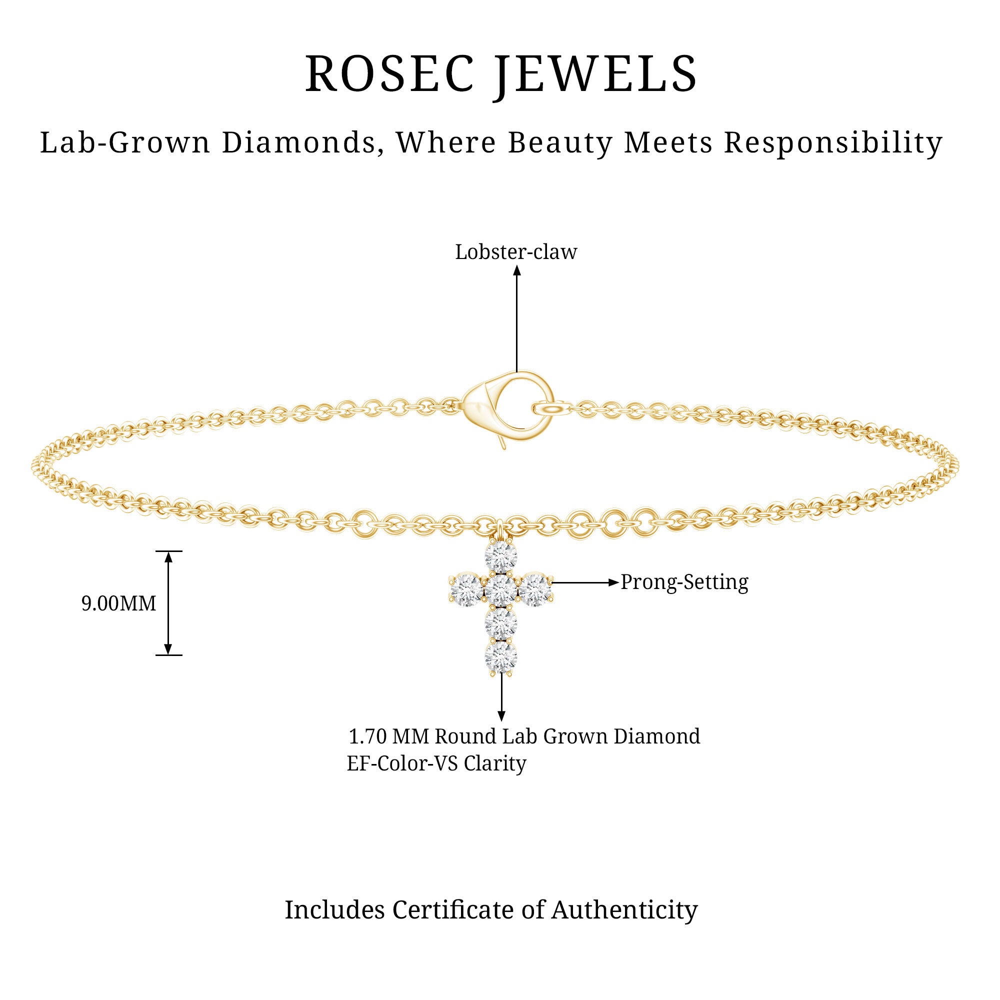Certified Lab Grown Diamond Cross Bracelet Lab - ( EF-VS ) - Rosec Jewels