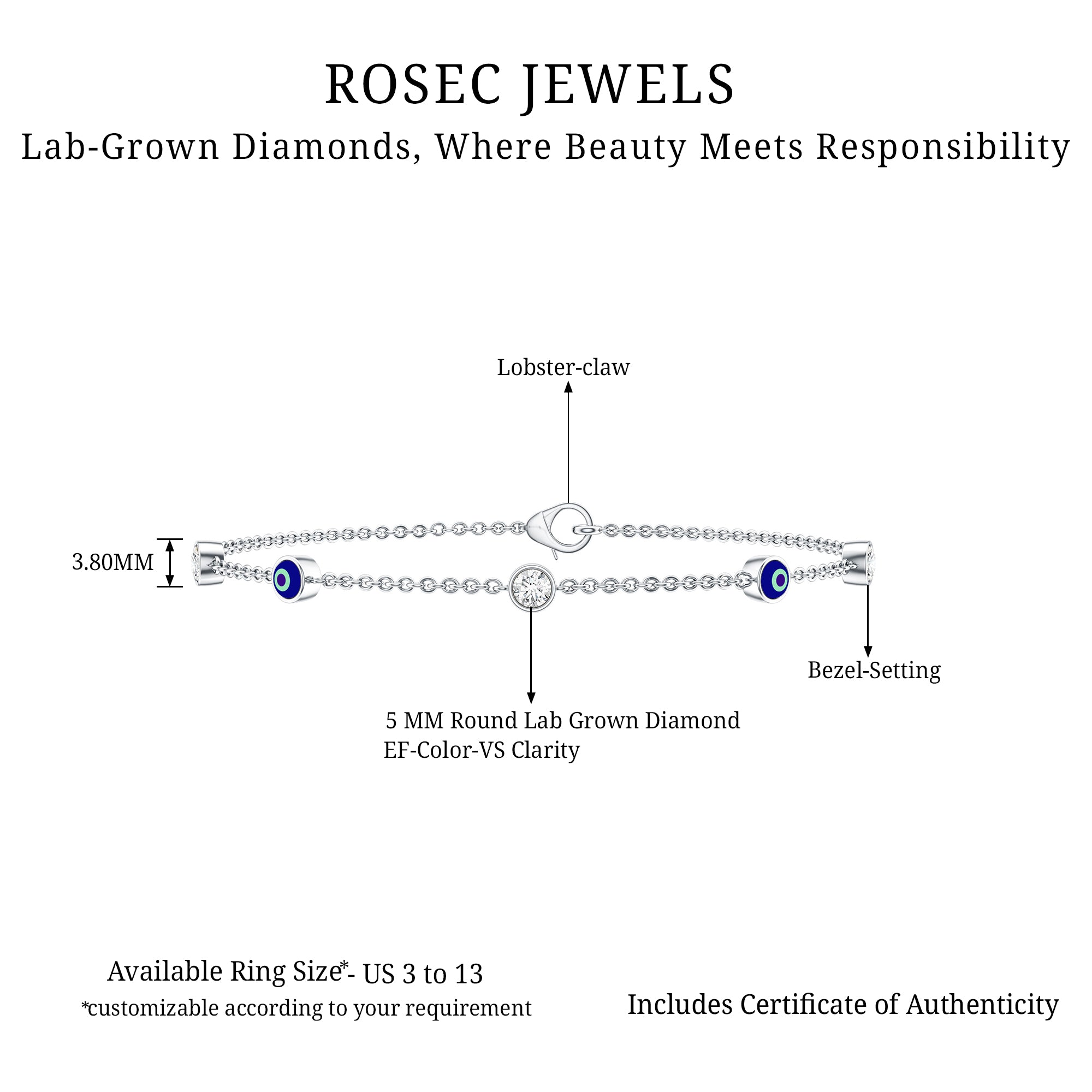 Lab Grown Bezel Set Diamond Evil Eye Bracelet Lab - ( EF-VS ) - Rosec Jewels