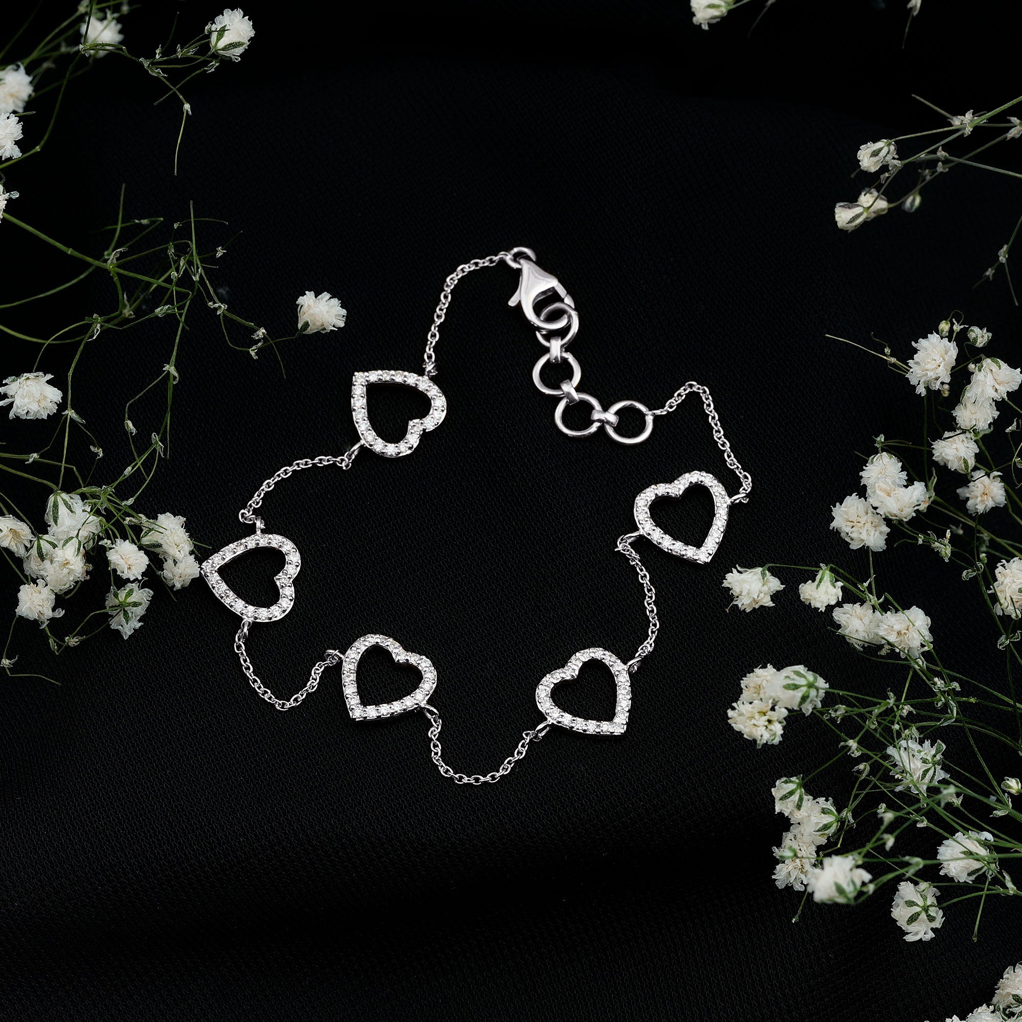 Certified Diamond Heart Chain Bracelet in Prong Setting Lab - ( EF-VS ) - Rosec Jewels