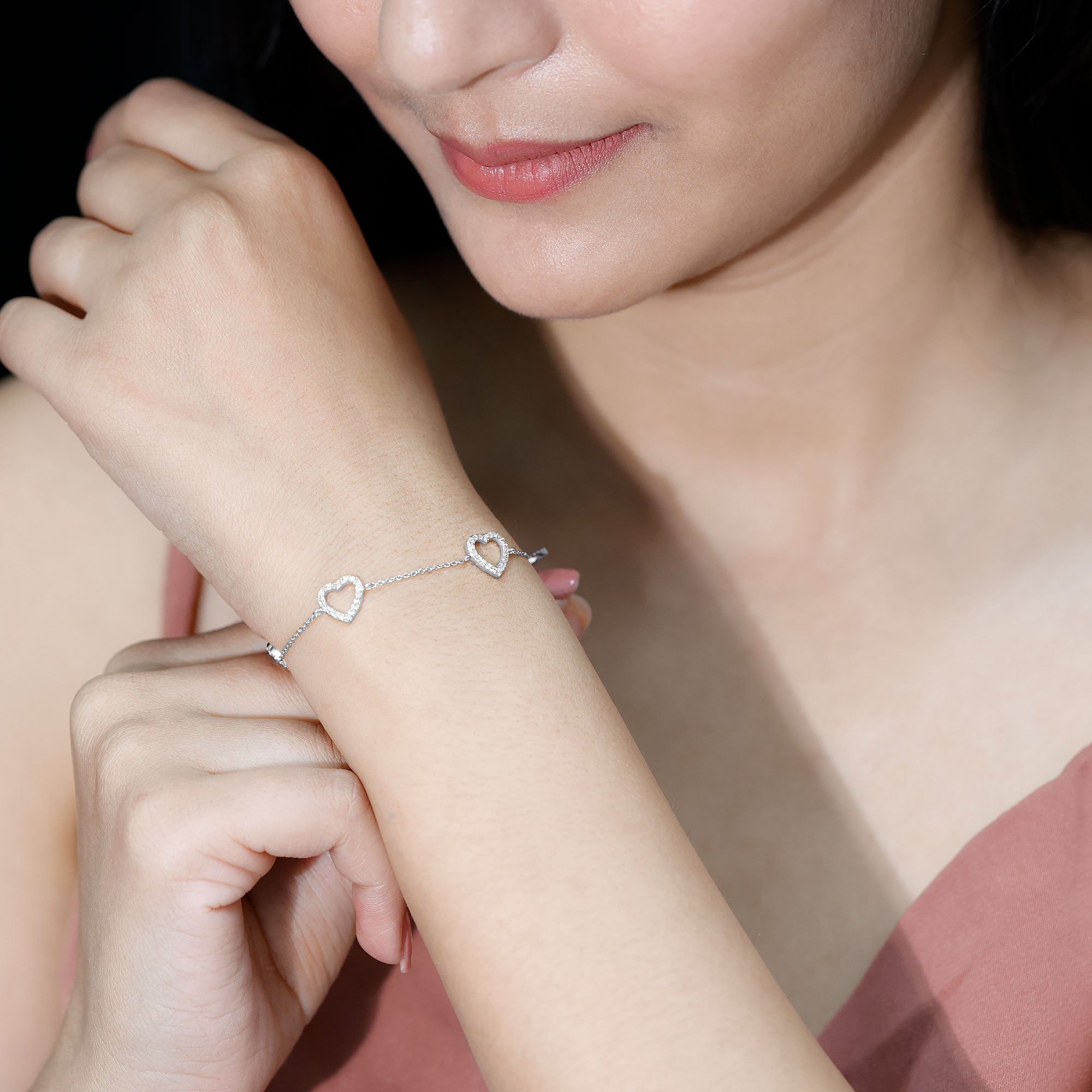 Certified Diamond Heart Chain Bracelet in Prong Setting Lab - ( EF-VS ) - Rosec Jewels