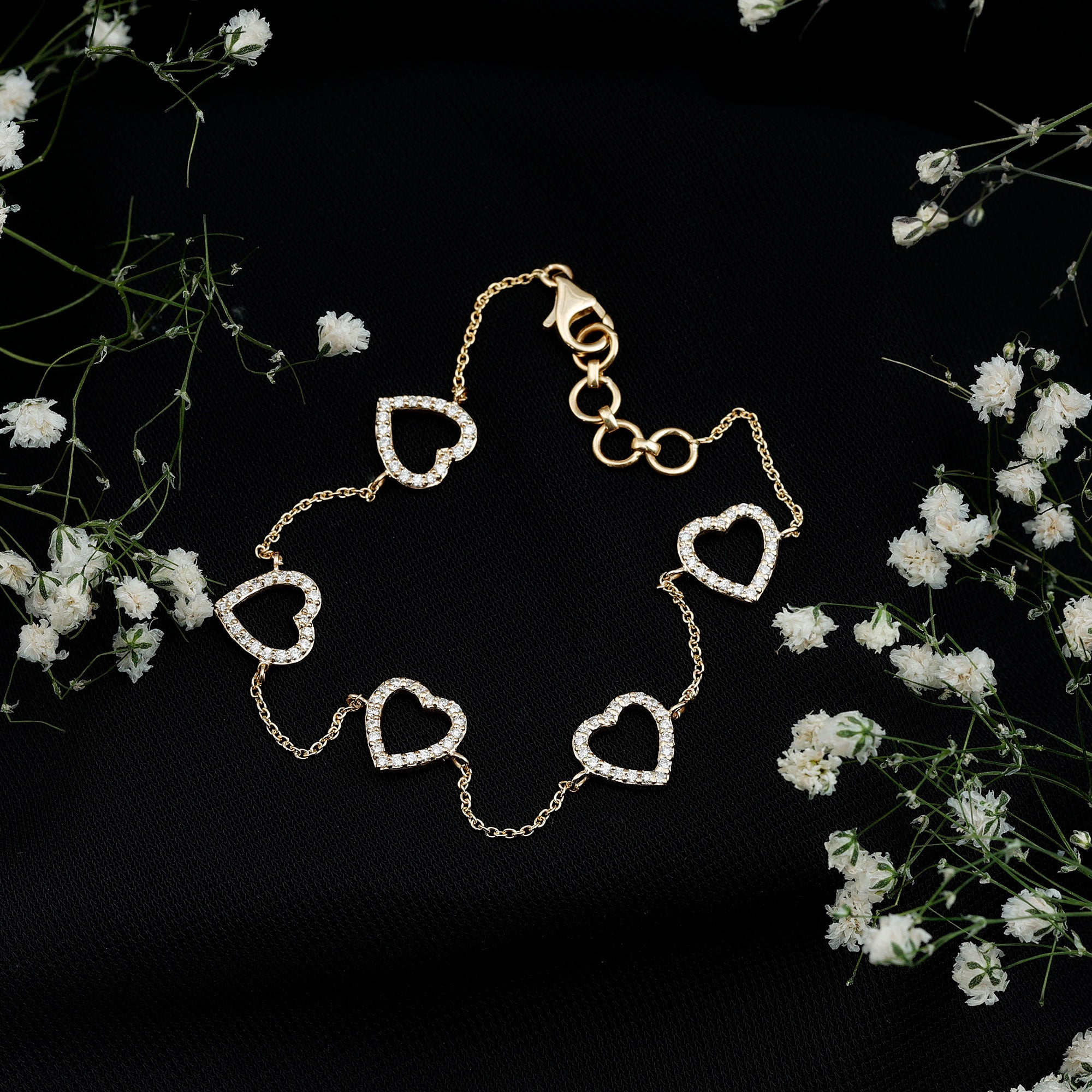 Certified Diamond Heart Chain Bracelet in Prong Setting Lab - ( EF-VS ) - Rosec Jewels