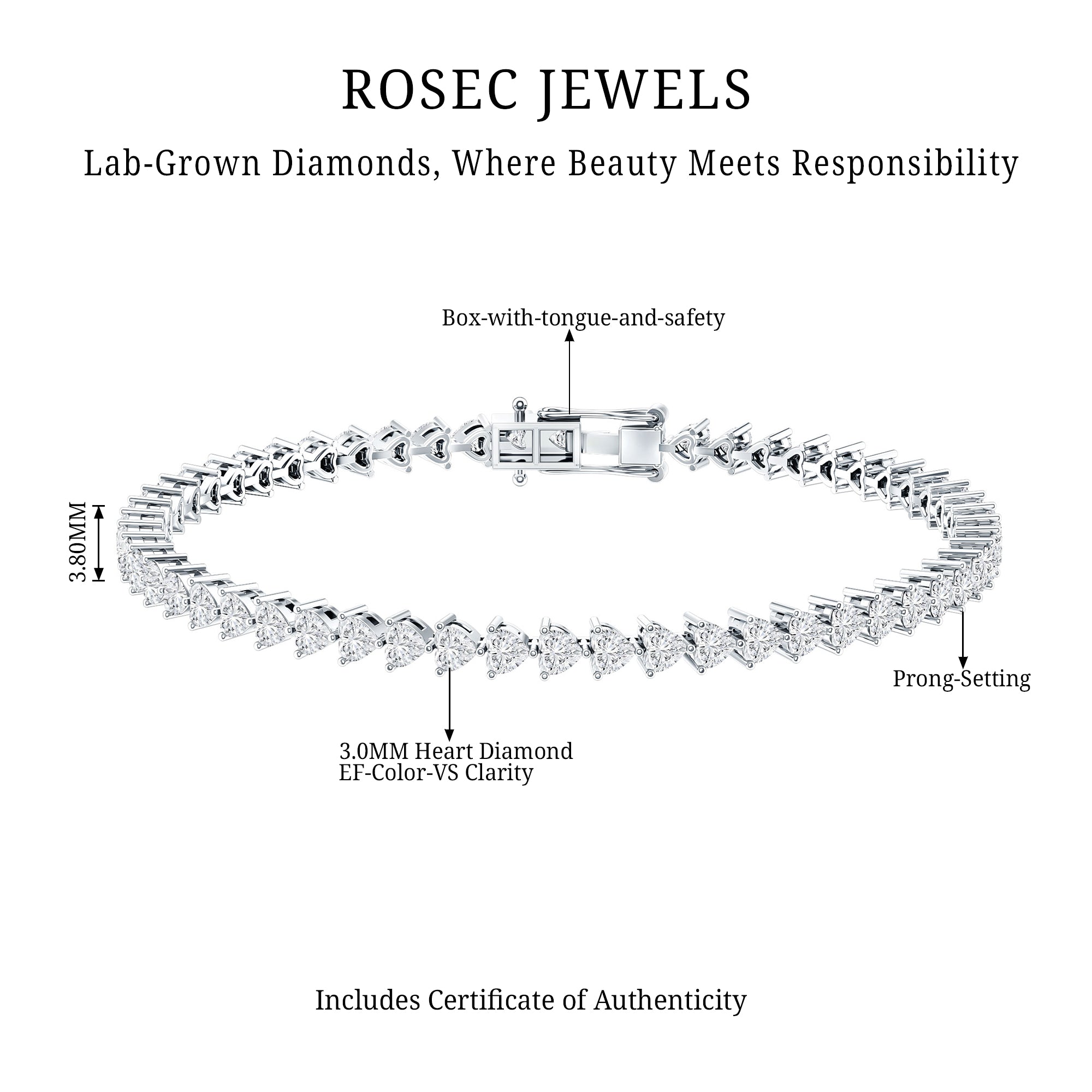 Lab Grown Diamond Heart Tennis Bracelet for Wedding Lab - ( EF-VS ) - Rosec Jewels