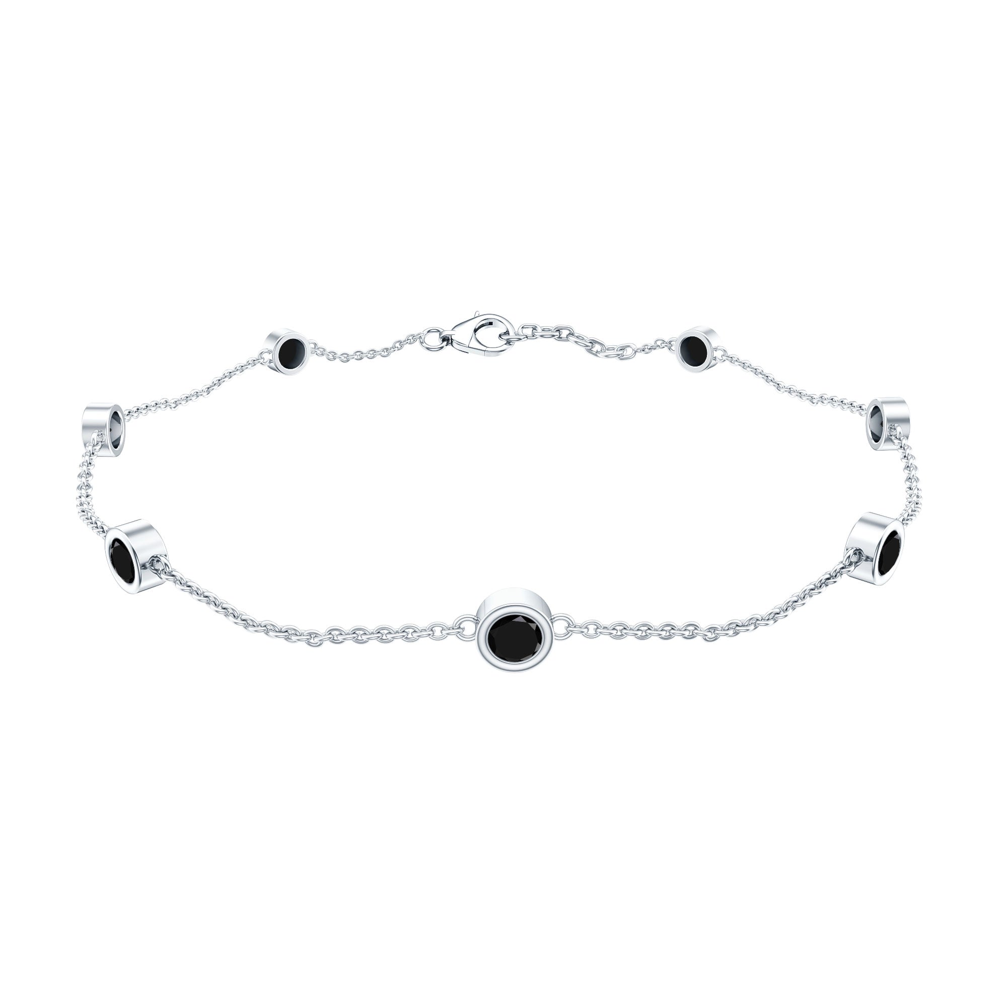 Bezel Set Black Onyx Seven Stone Station Chain Bracelet AAA - Rosec Jewels