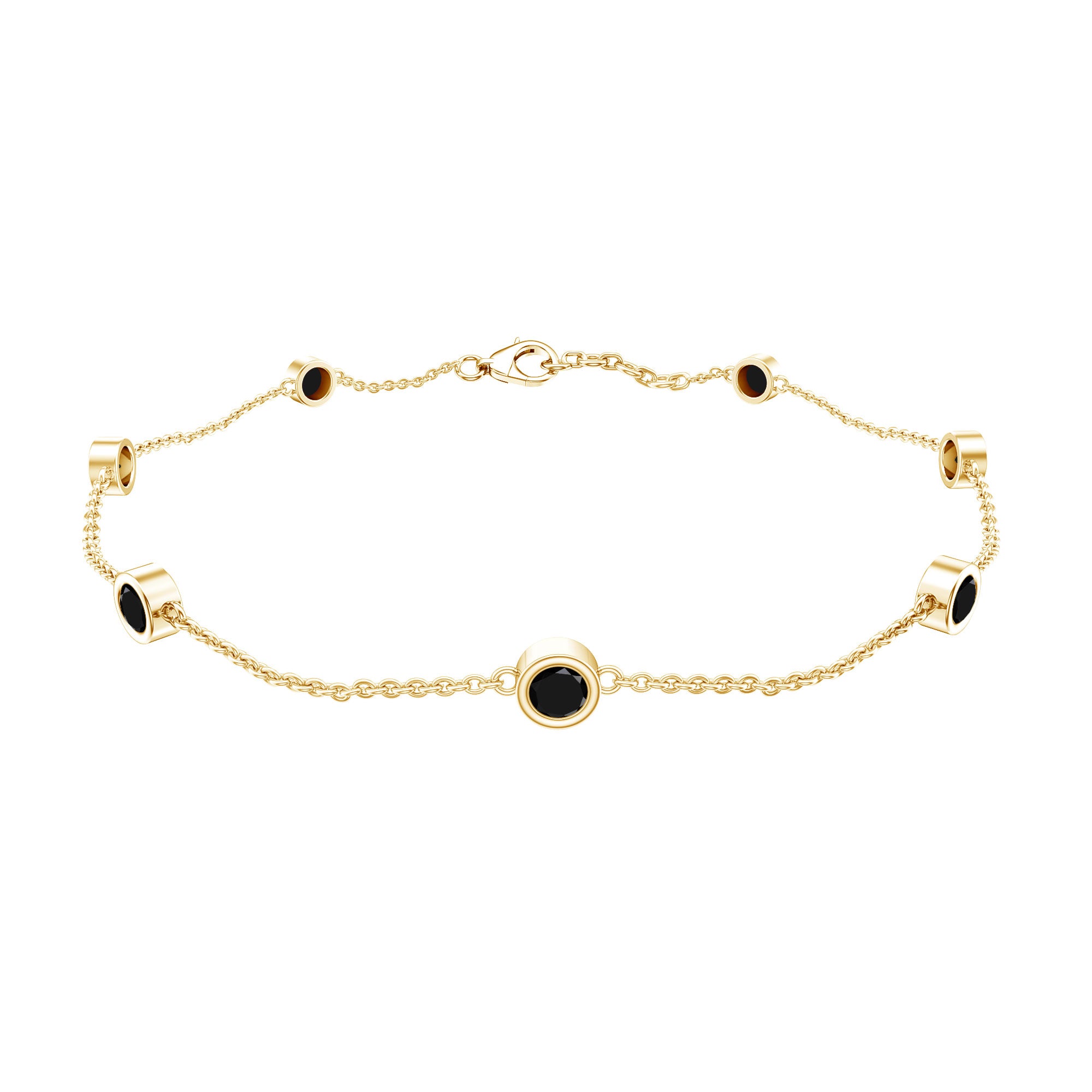 Bezel Set Black Onyx Seven Stone Station Chain Bracelet AAA - Rosec Jewels