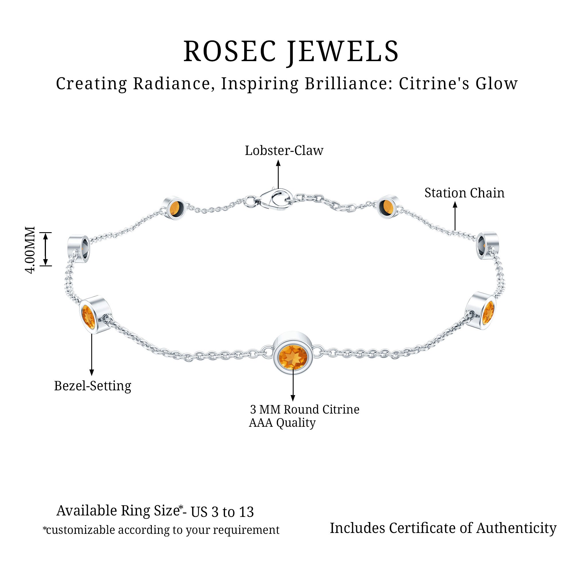 Natural Citrine 7 Stone Station Chain Bracelet for Women AAA - Rosec Jewels