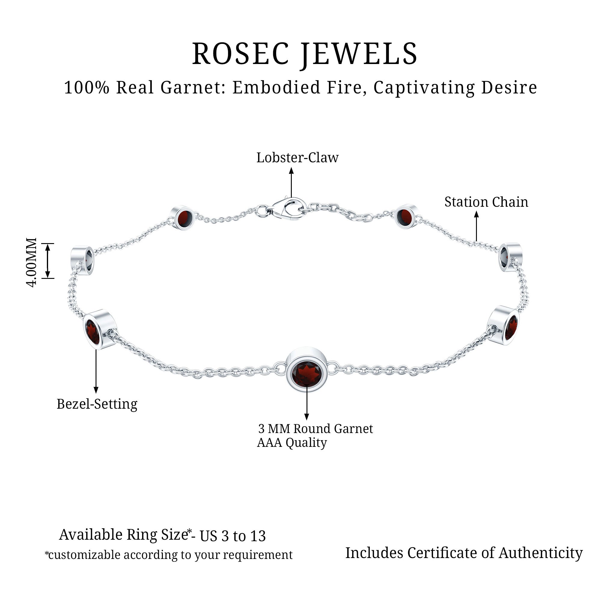 Bezel Set Garnet Seven Stone Station Chain Bracelet AAA - Rosec Jewels
