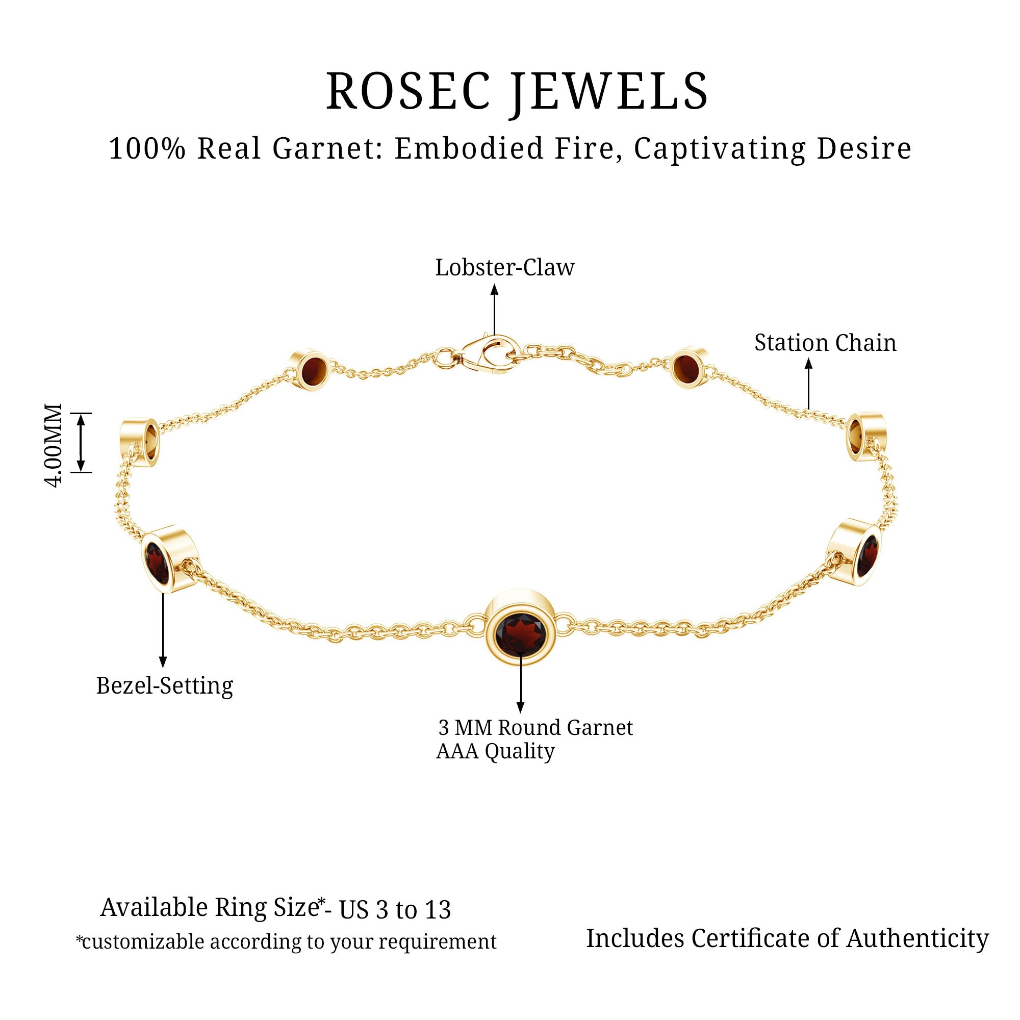 Bezel Set Garnet Seven Stone Station Chain Bracelet AAA - Rosec Jewels