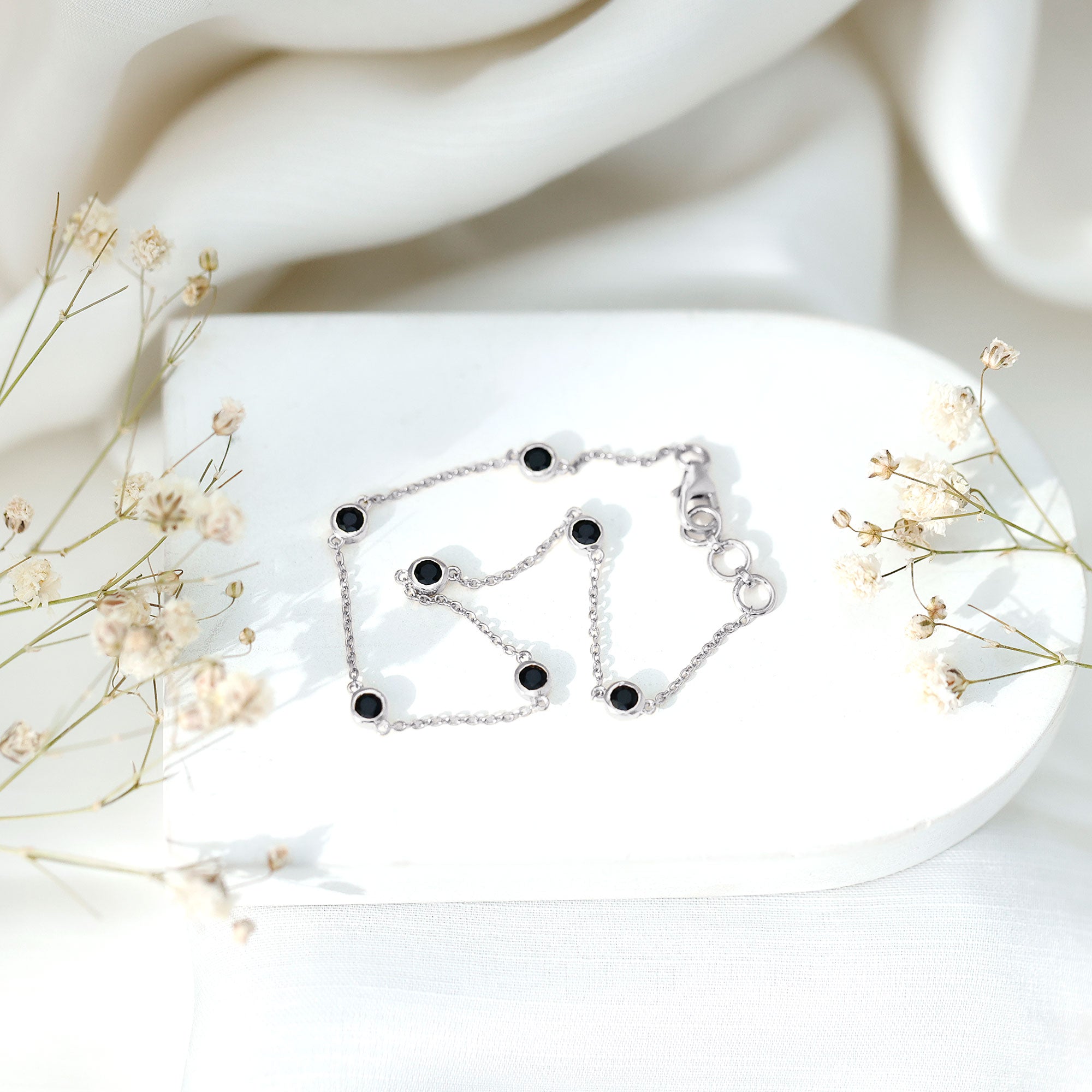 Natural Black Spinel 7 Stone Station Chain Bracelet AAA - Rosec Jewels