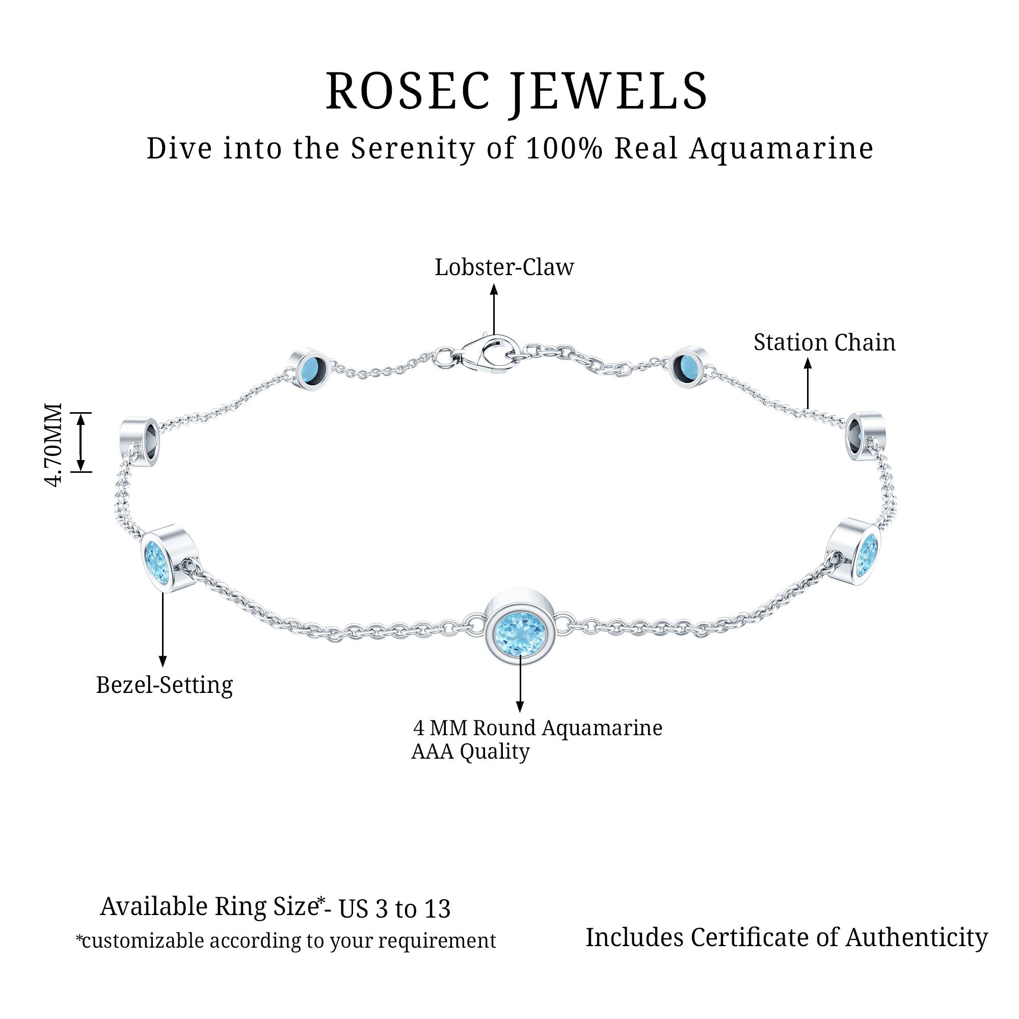 Bezel Set Aquamarine Station Bracelet for Women AAA - Rosec Jewels