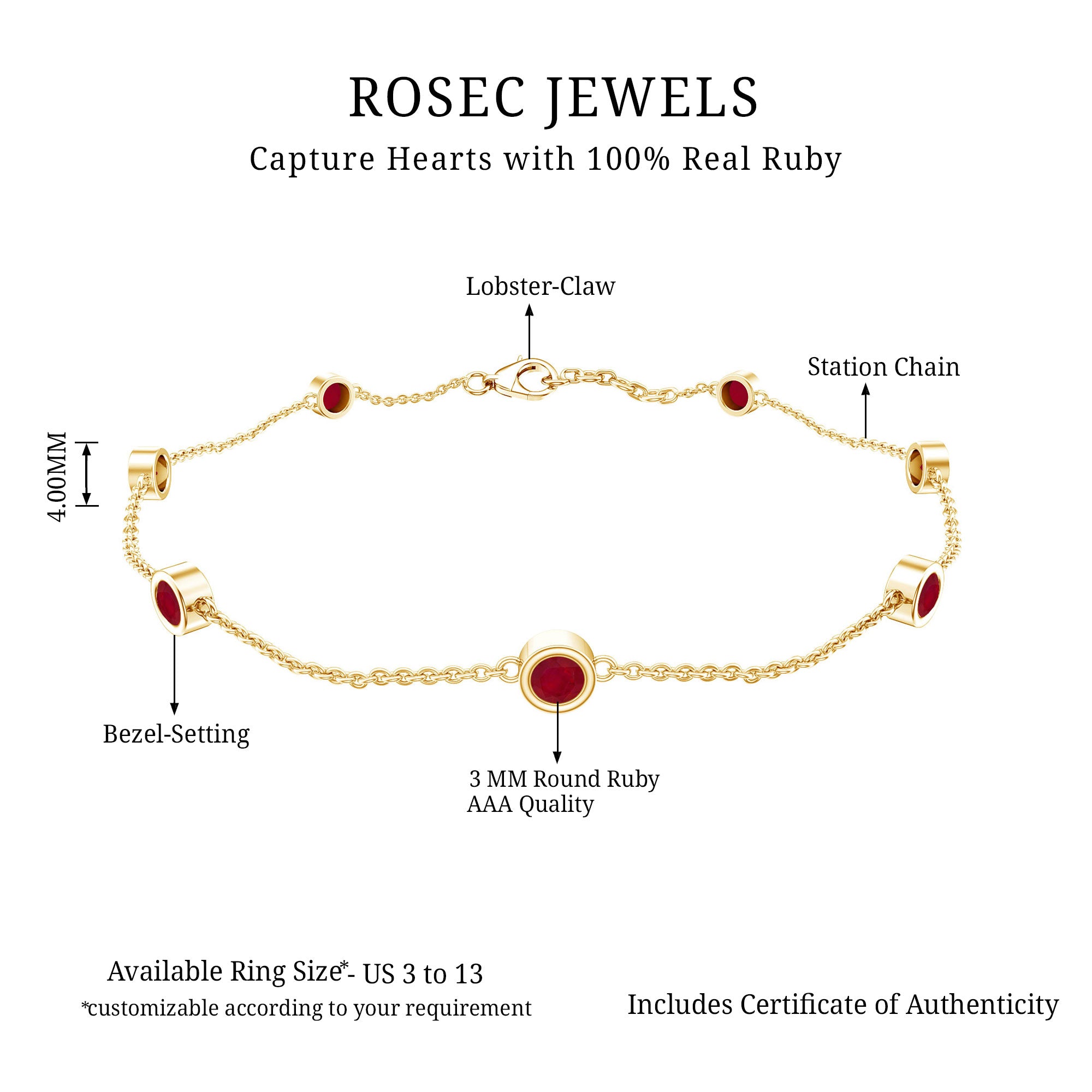 Natural Ruby 7 Stone Station Chain Bracelet for Women AAA - Rosec Jewels