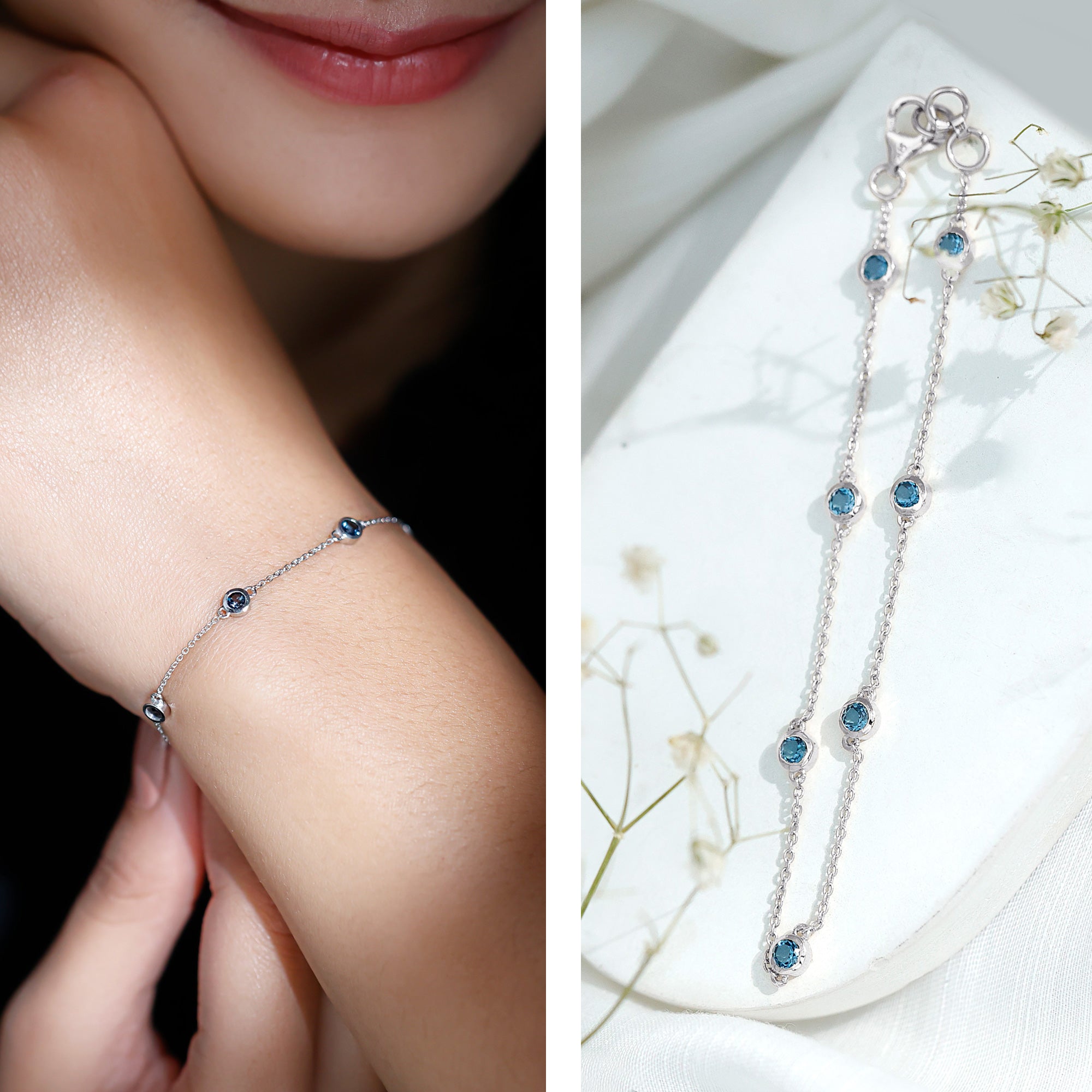 Bezel Set London Blue Topaz Station Chain Bracelet AAA - Rosec Jewels