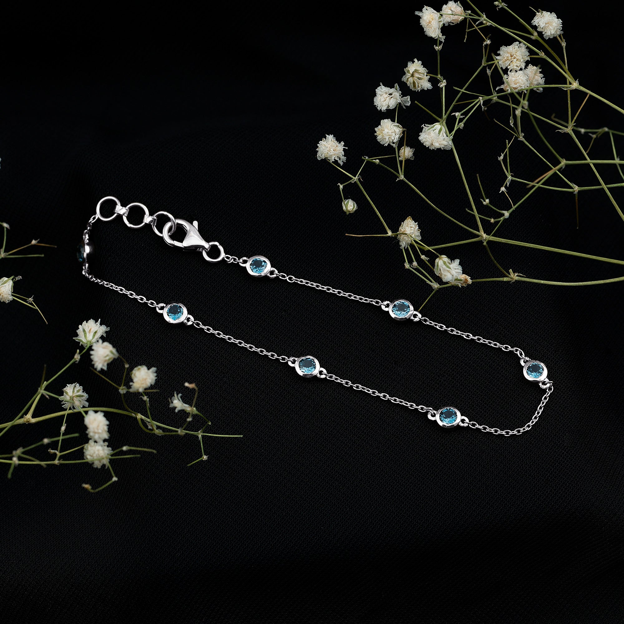 Bezel Set London Blue Topaz Station Chain Bracelet AAA - Rosec Jewels