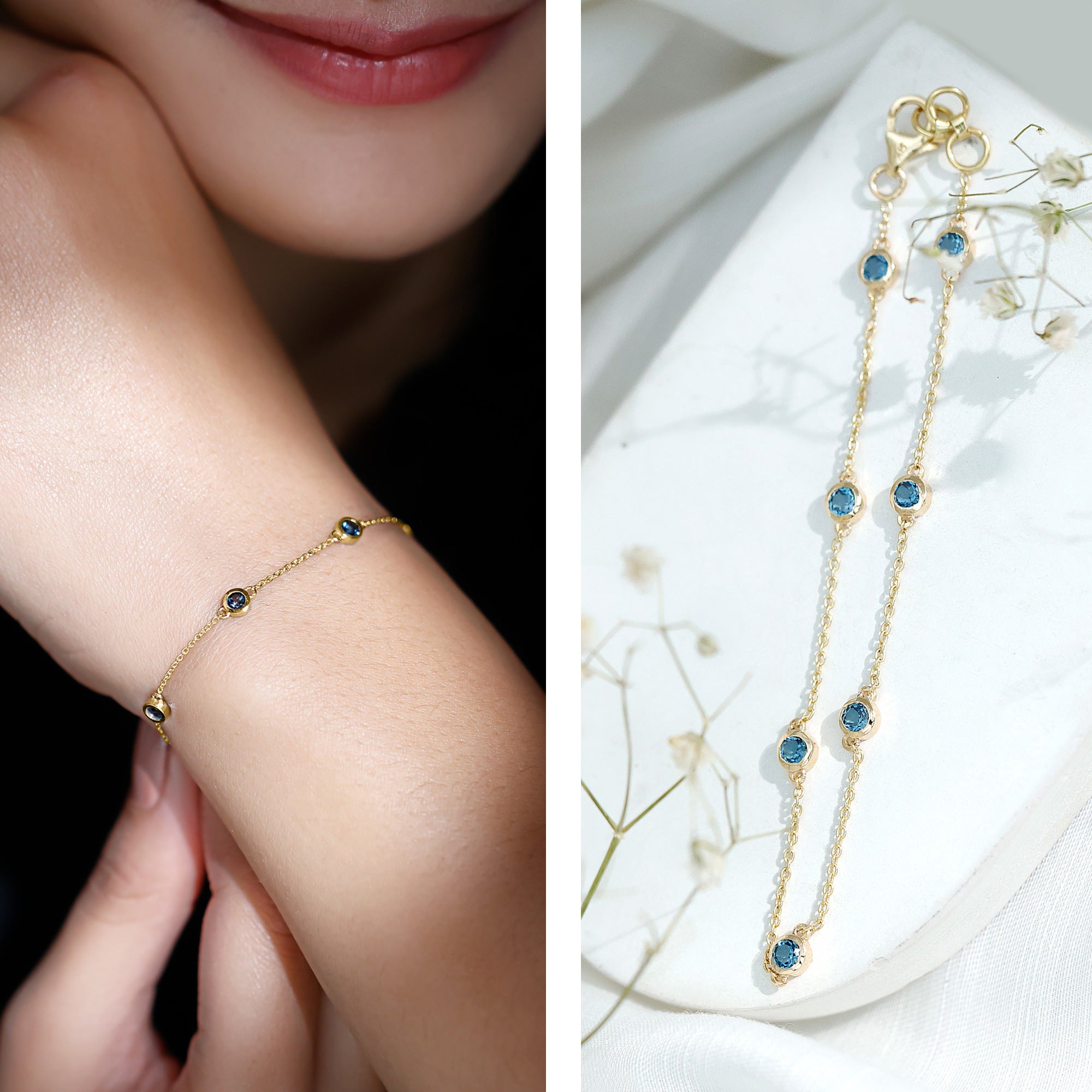 Bezel Set London Blue Topaz Station Chain Bracelet AAA - Rosec Jewels