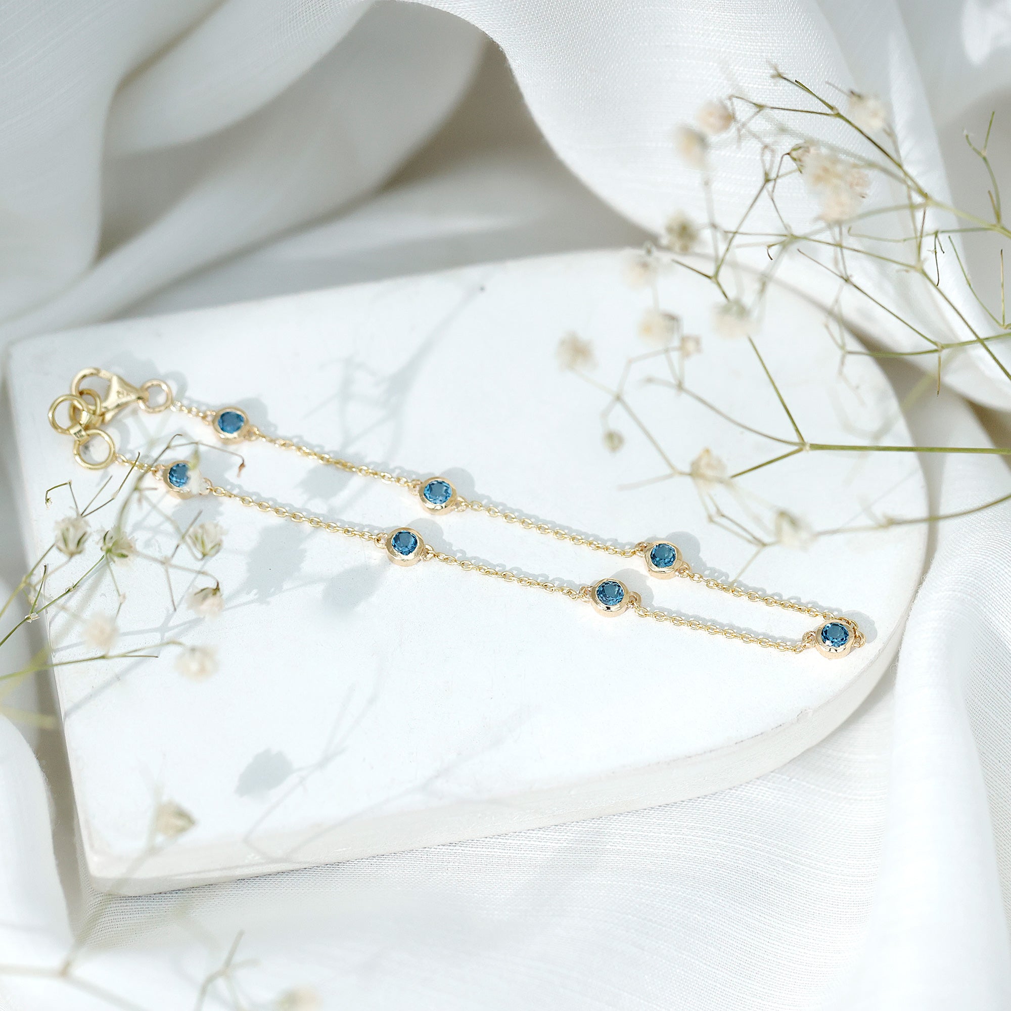 Bezel Set London Blue Topaz Station Chain Bracelet AAA - Rosec Jewels