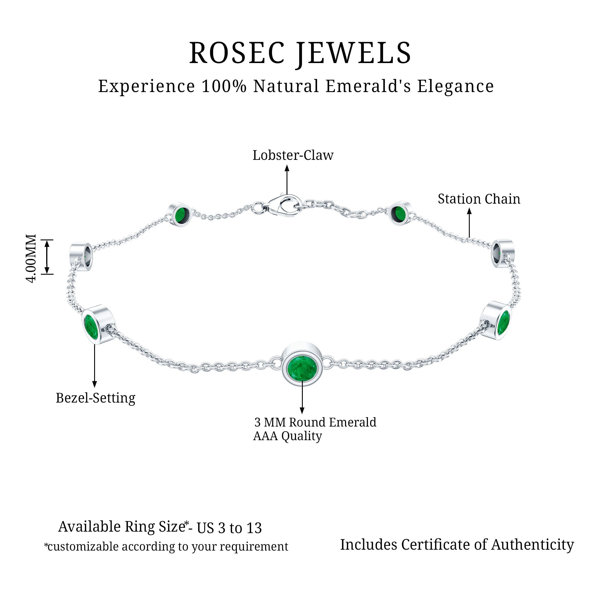 Bezel Set Emerald Station Chain Bracelet for Her AAA - Rosec Jewels