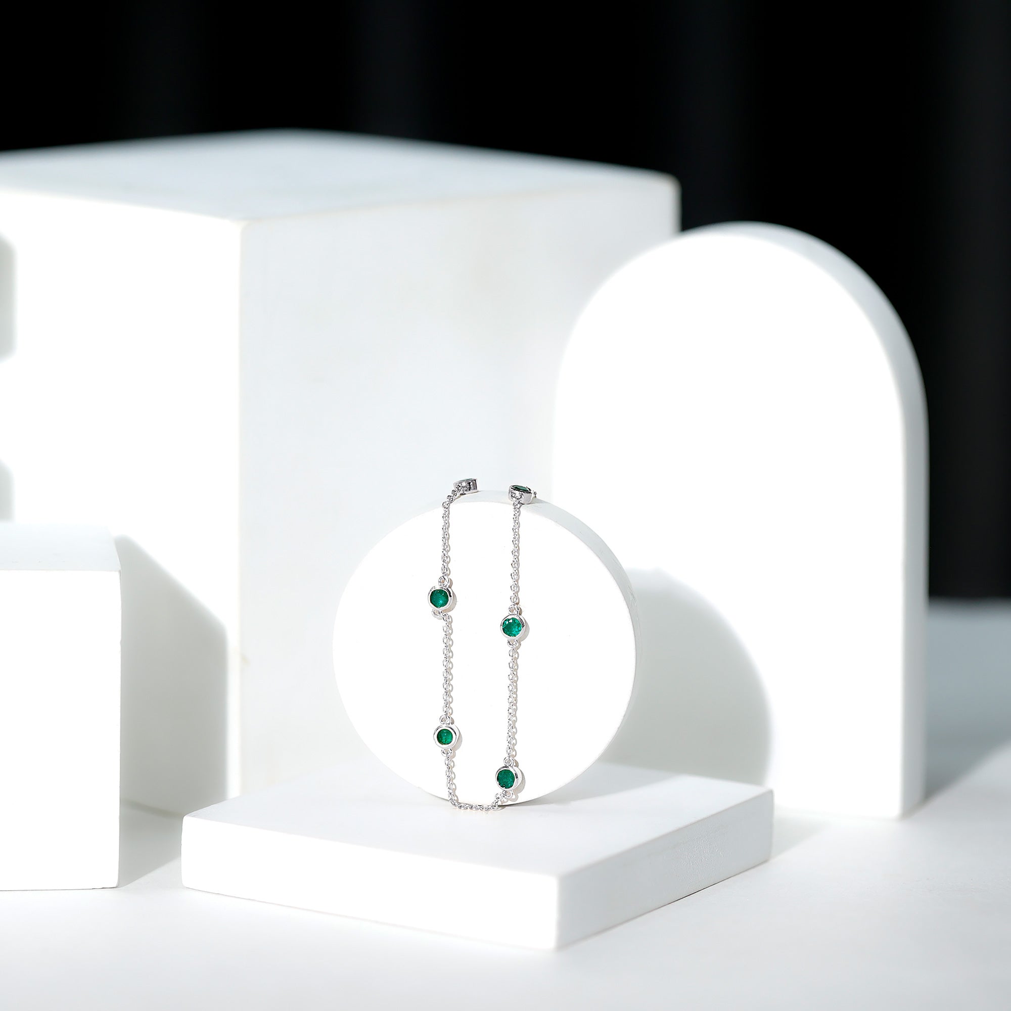 Bezel Set Emerald Station Chain Bracelet for Her AAA - Rosec Jewels