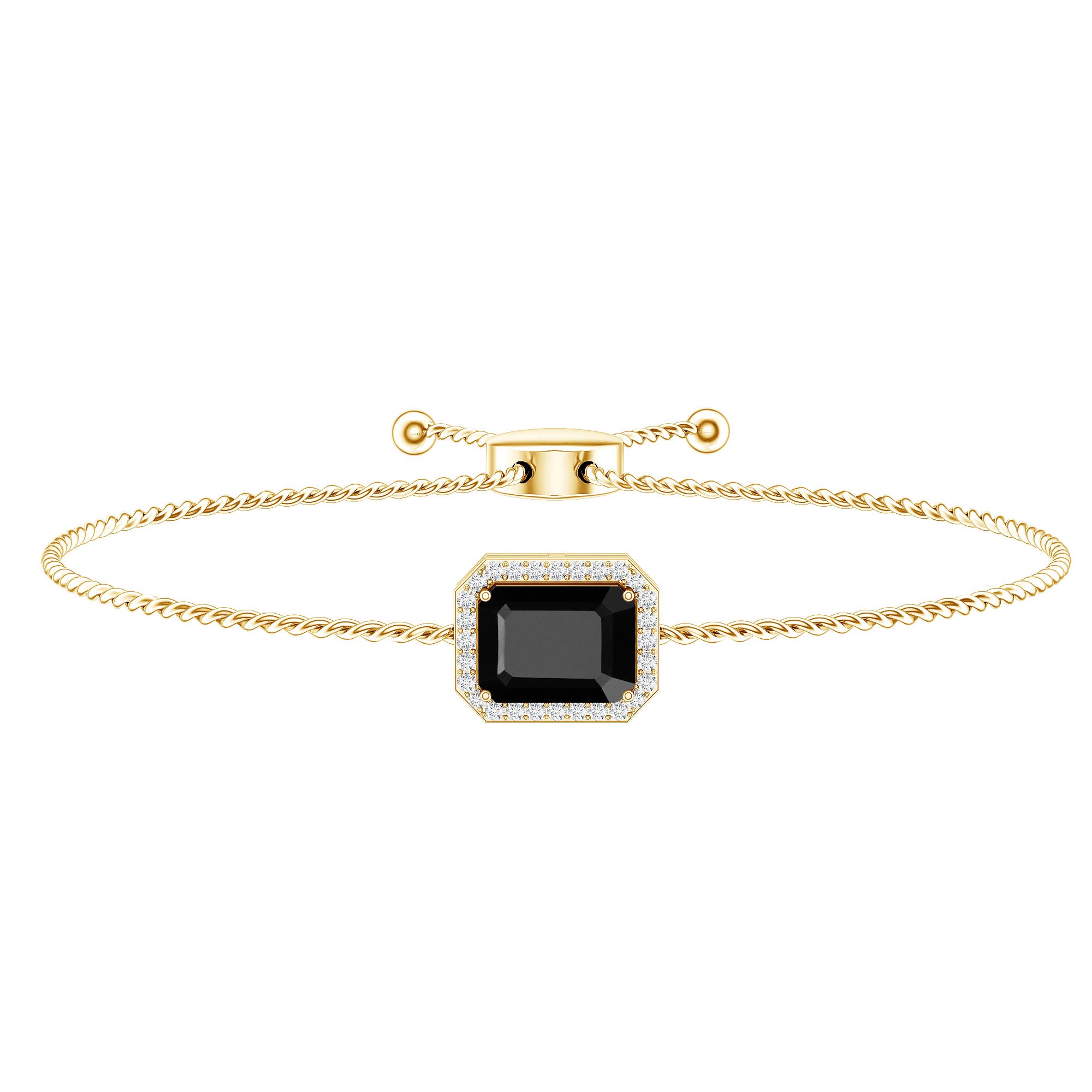 Natural 1.8 Carat Emerald Cut Black Onyx Bolo Bracelet with Diamond Halo AAA - Rosec Jewels
