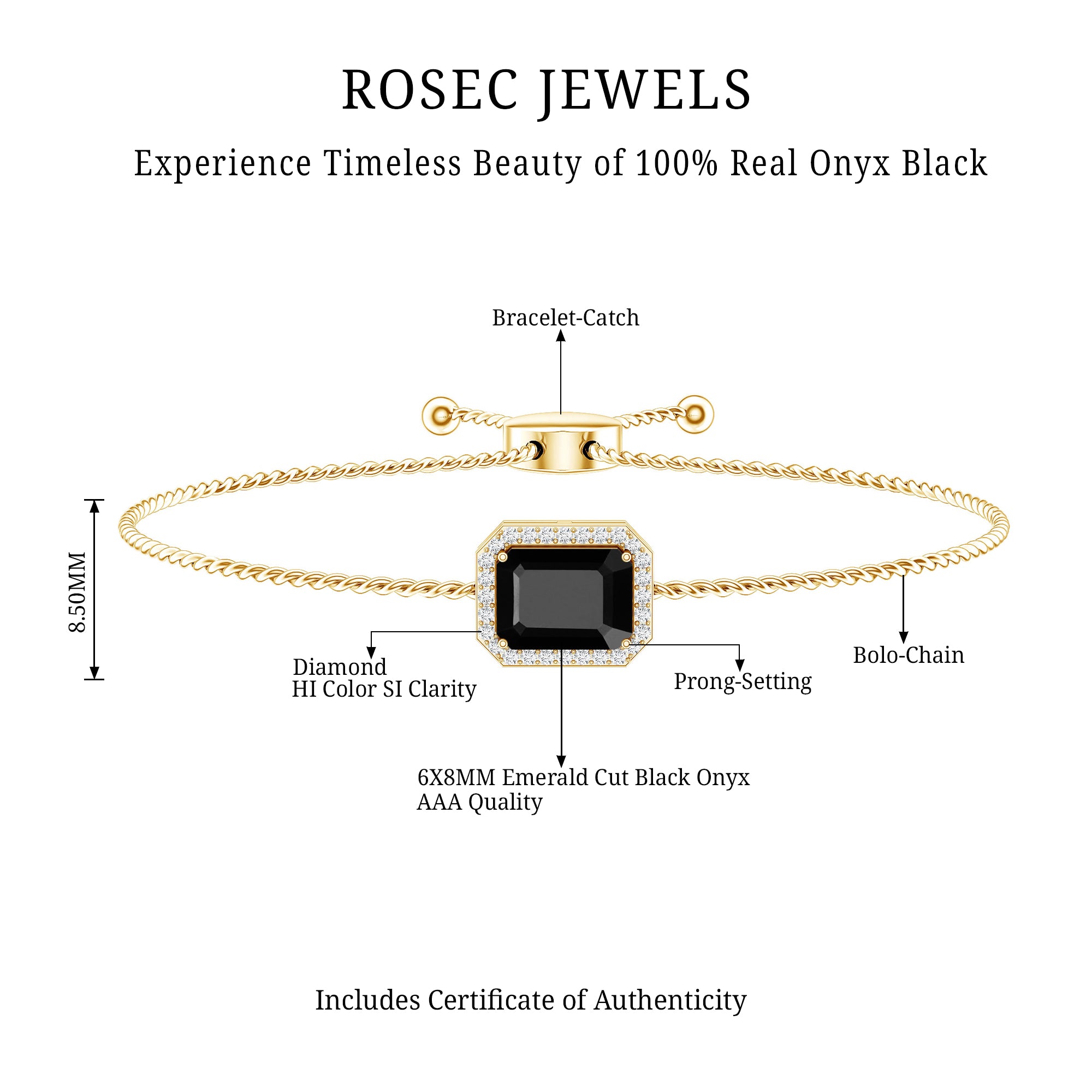 Natural 1.8 Carat Emerald Cut Black Onyx Bolo Bracelet with Diamond Halo AAA - Rosec Jewels
