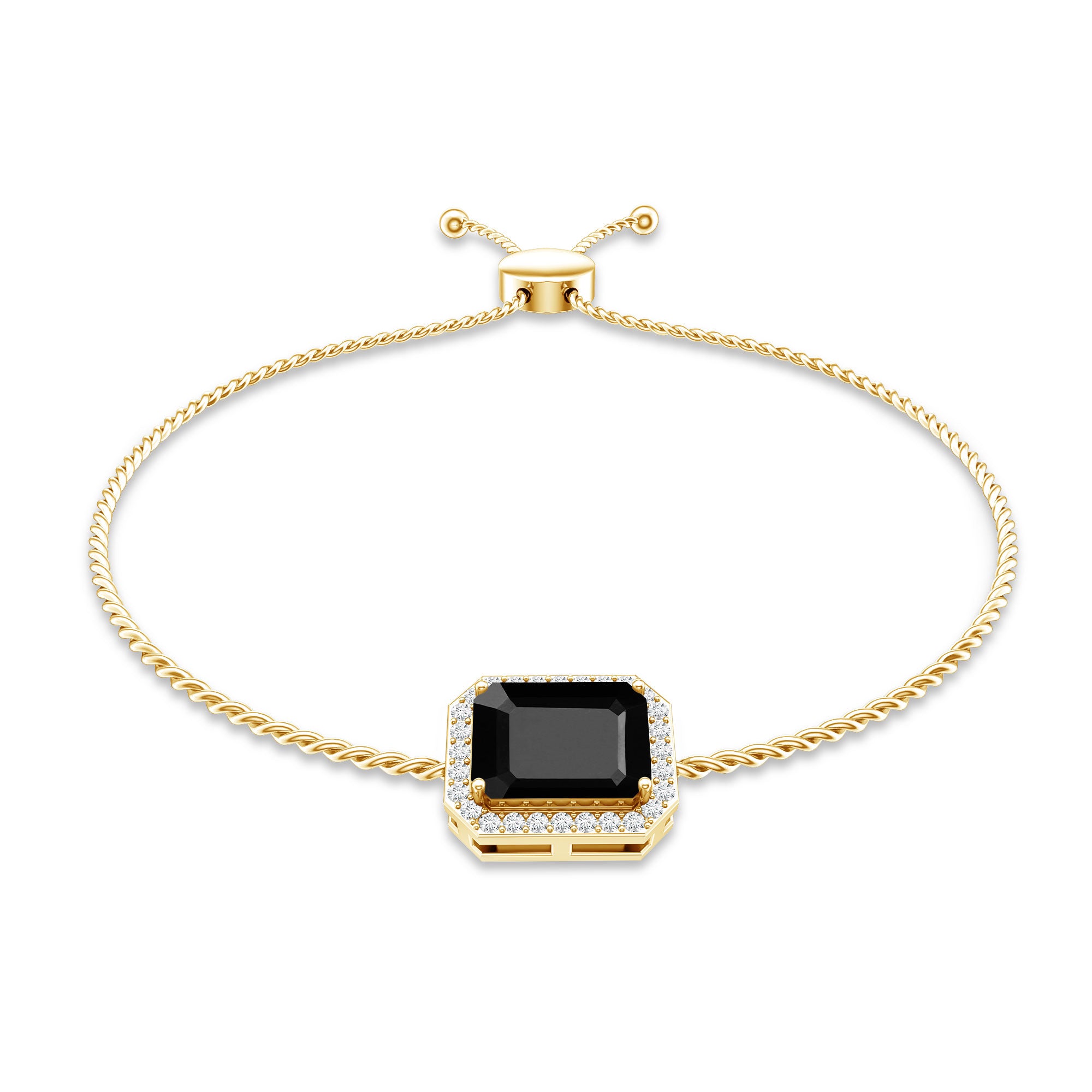 Natural 1.8 Carat Emerald Cut Black Onyx Bolo Bracelet with Diamond Halo AAA - Rosec Jewels
